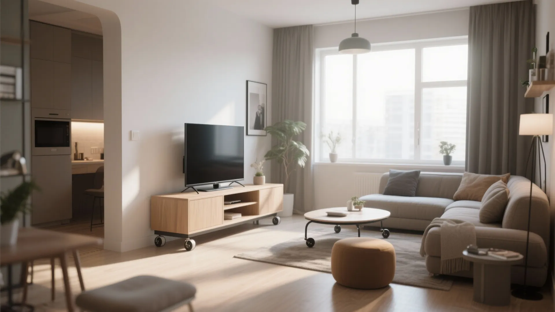 Movable TV stand with wheels in a flexible studio apartment layout