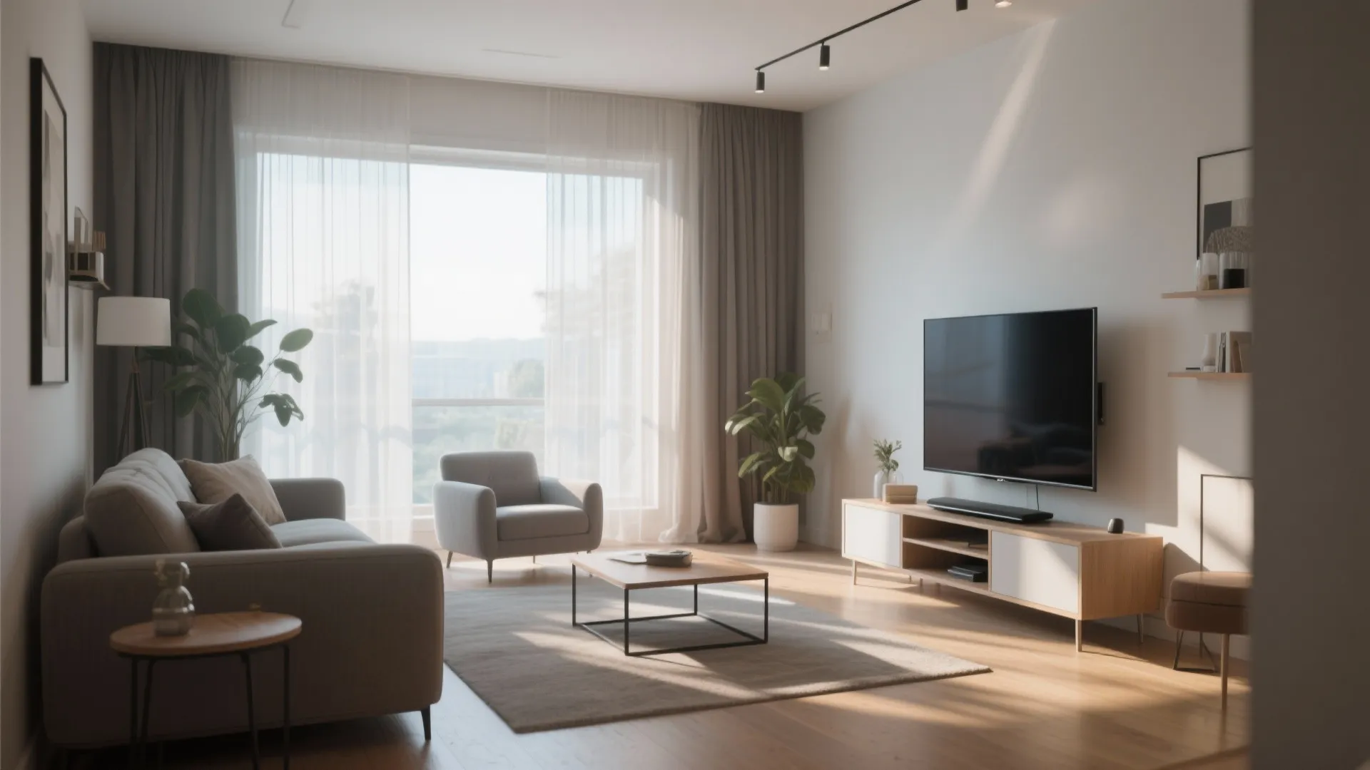 Bright living room with television on wooden cabinet, grey sofa, coffee table, and large windows