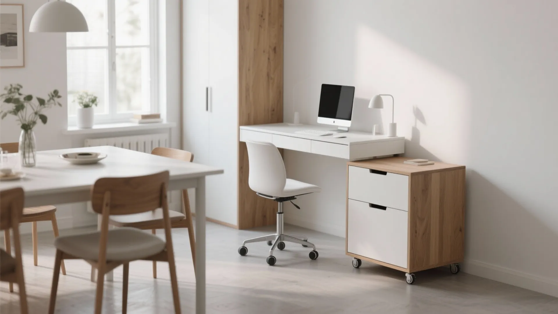Modern workspace with white desk computer swivel chair wooden cabinet and light wood dining furniture