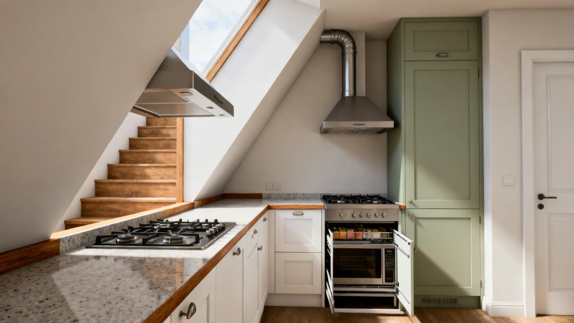 Before-and-after showing hob moved off the slope and under-stair area converted to pantry.