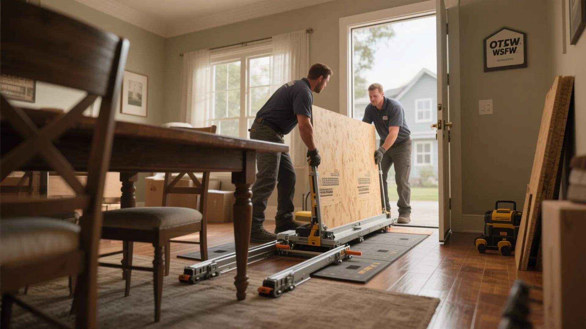 Two workers moving a large wooden panel into a dining room through a front door