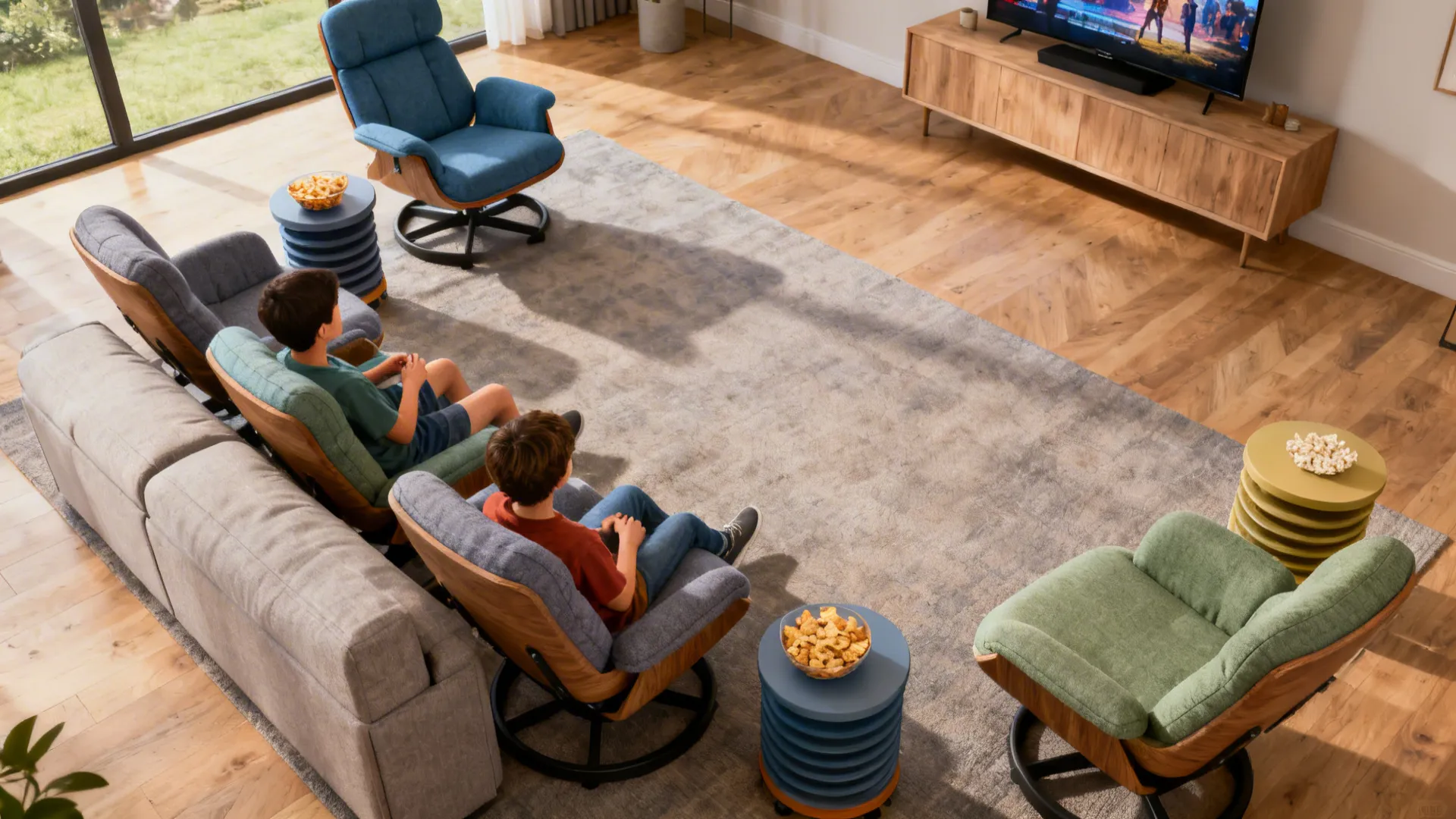 Flexible living room with lightweight moveable chairs and nesting tables shown in different configurations for family use.