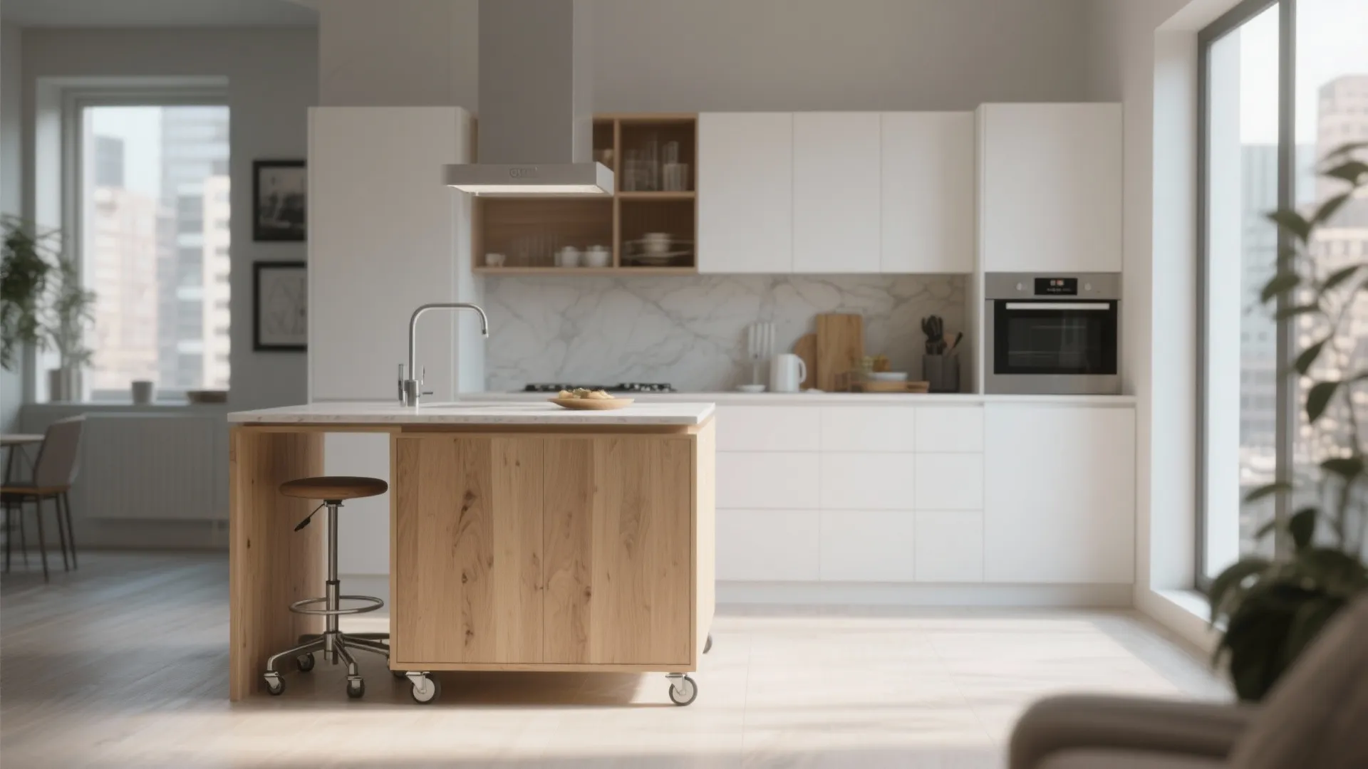 Small kitchen island on casters in an apartment