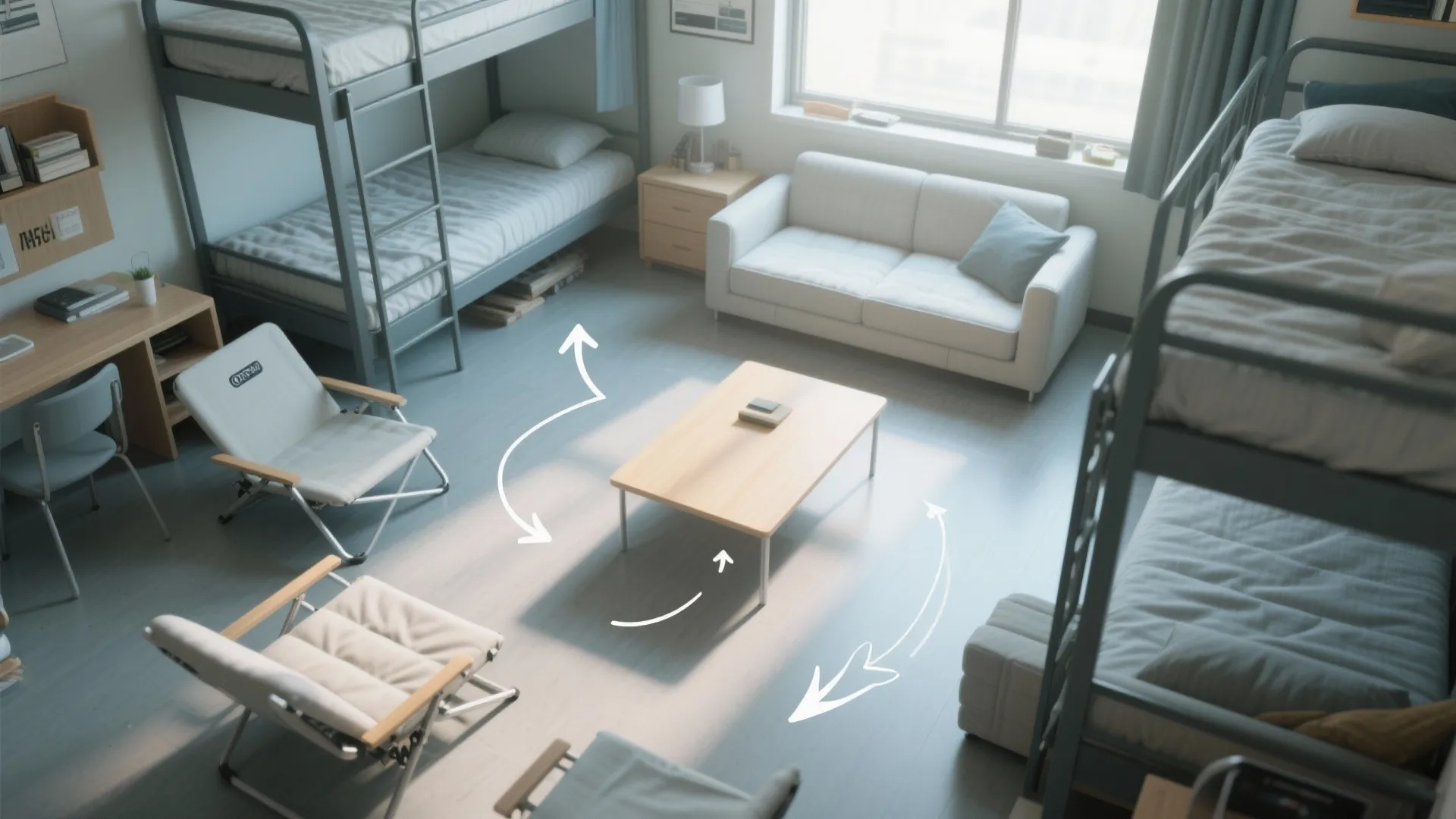 Dormitory room interior design drawing showing bunk beds and white sofa with moveable chairs layout