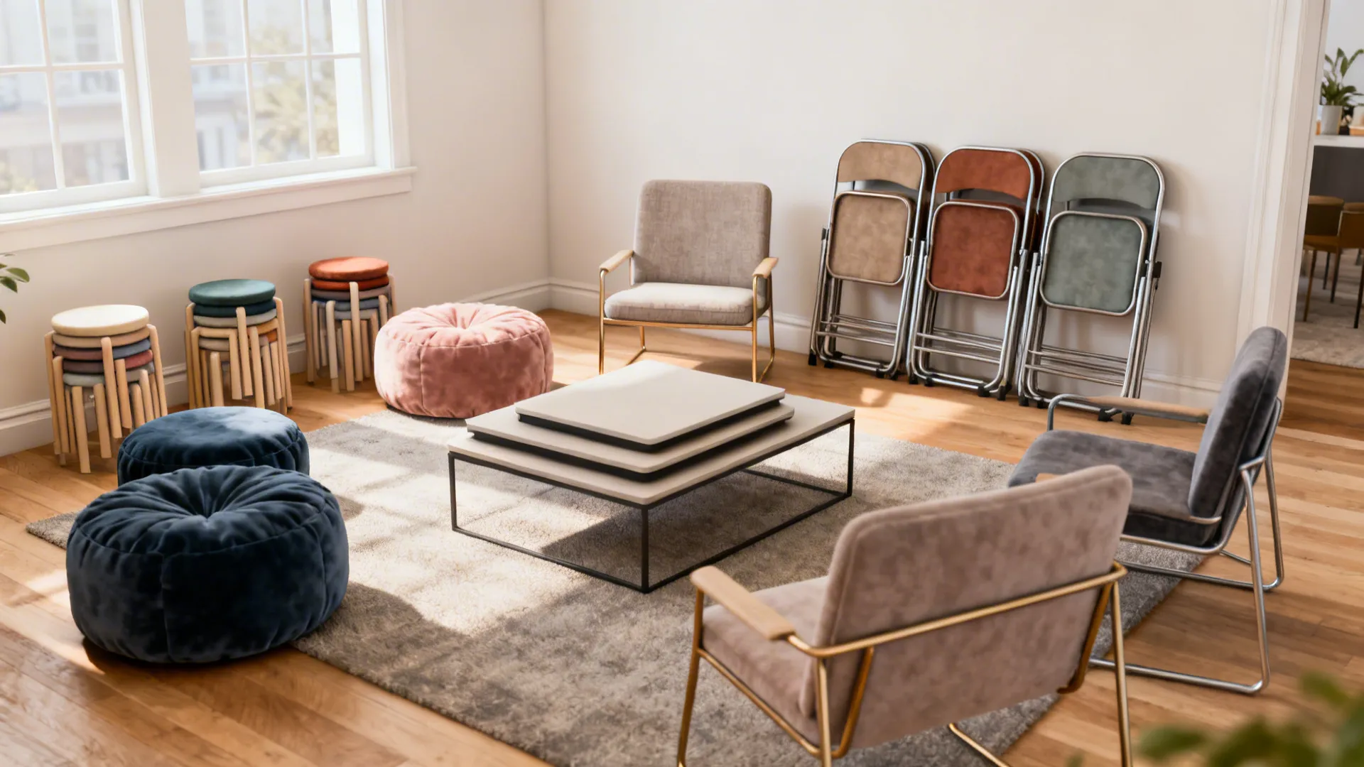 Stackable stools, poufs and folding chairs arranged in a small living room for flexible seating.