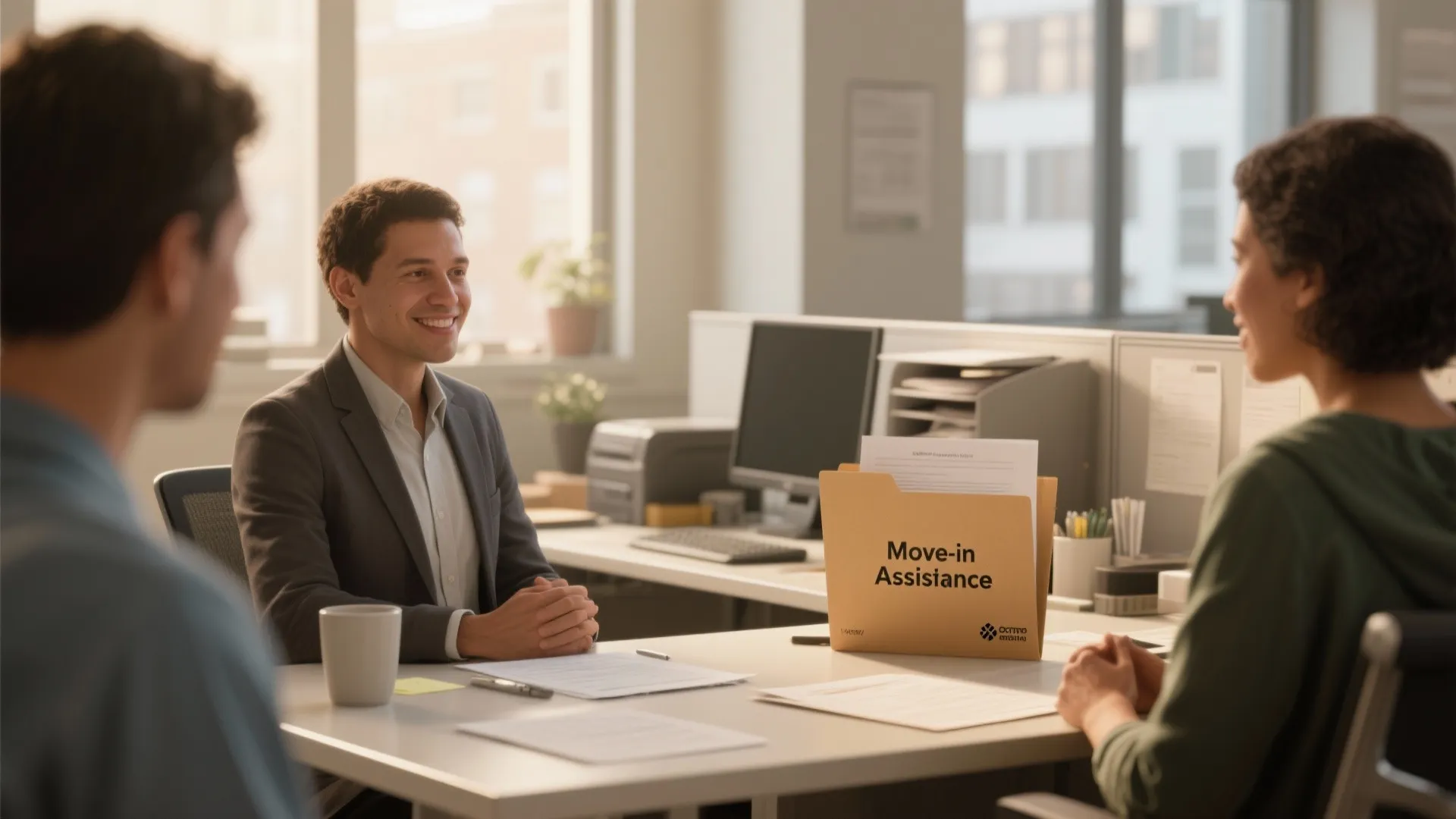 Tenant consulting with a nonprofit advisor about move-in assistance and deposit grants.