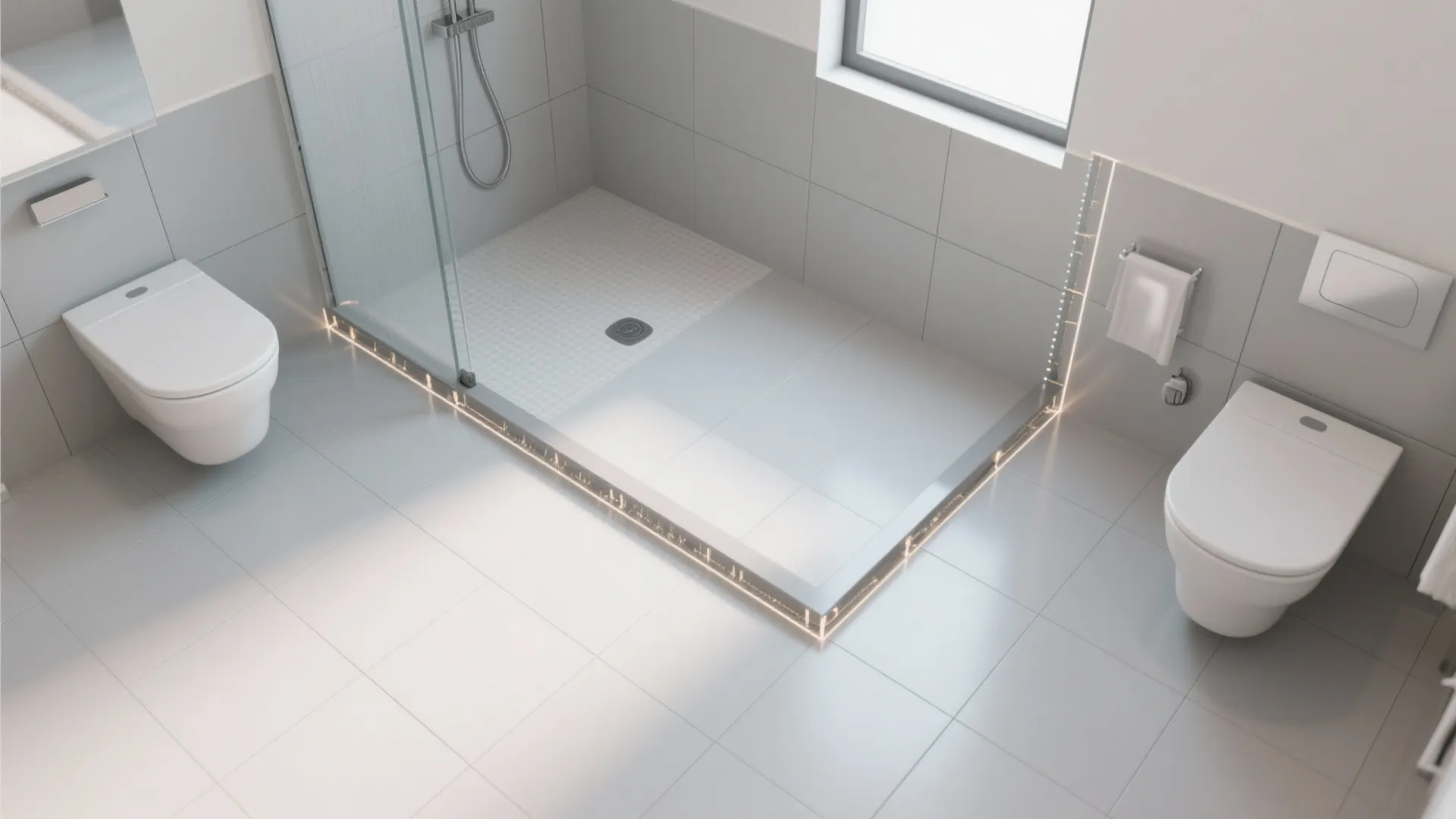 Interior design drawing showing top down view of bathroom with shower area and two toilets