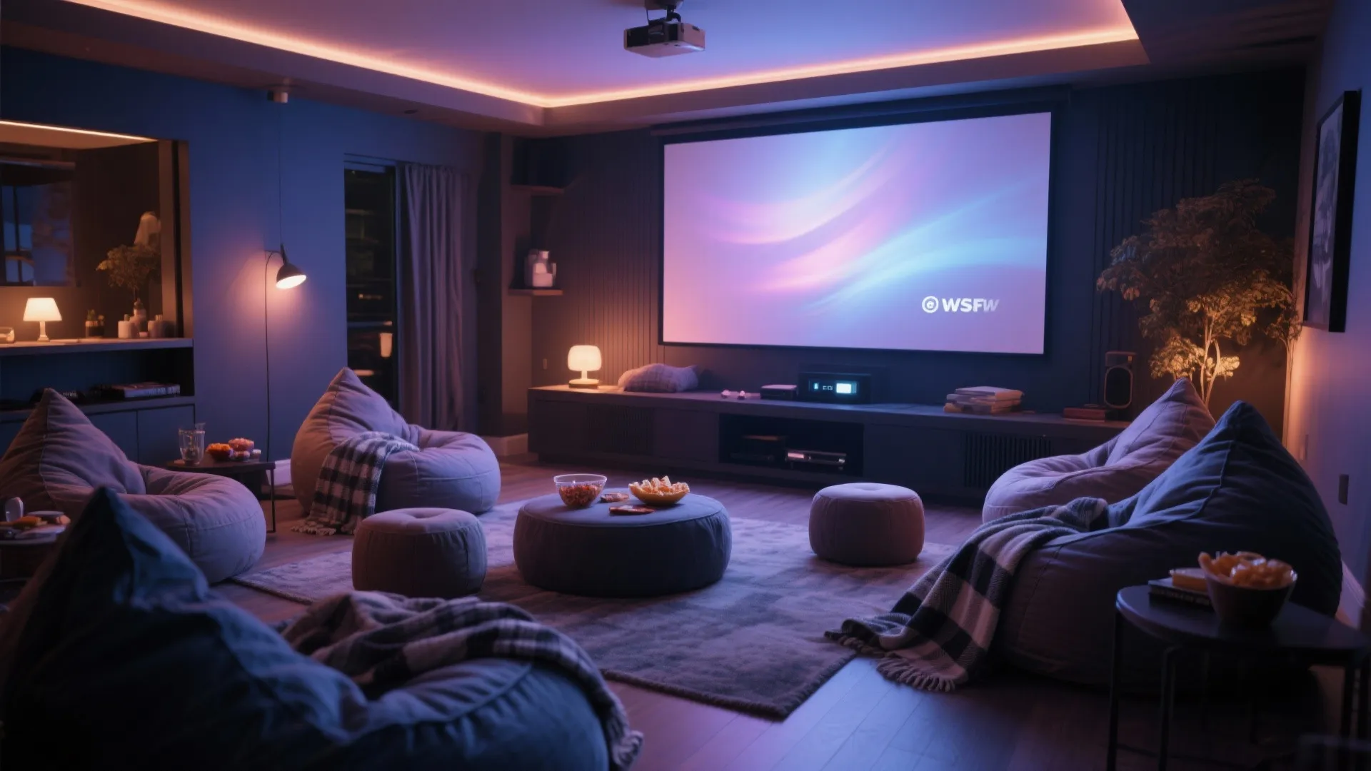 Bean bags arranged facing projector screen for movie marathon