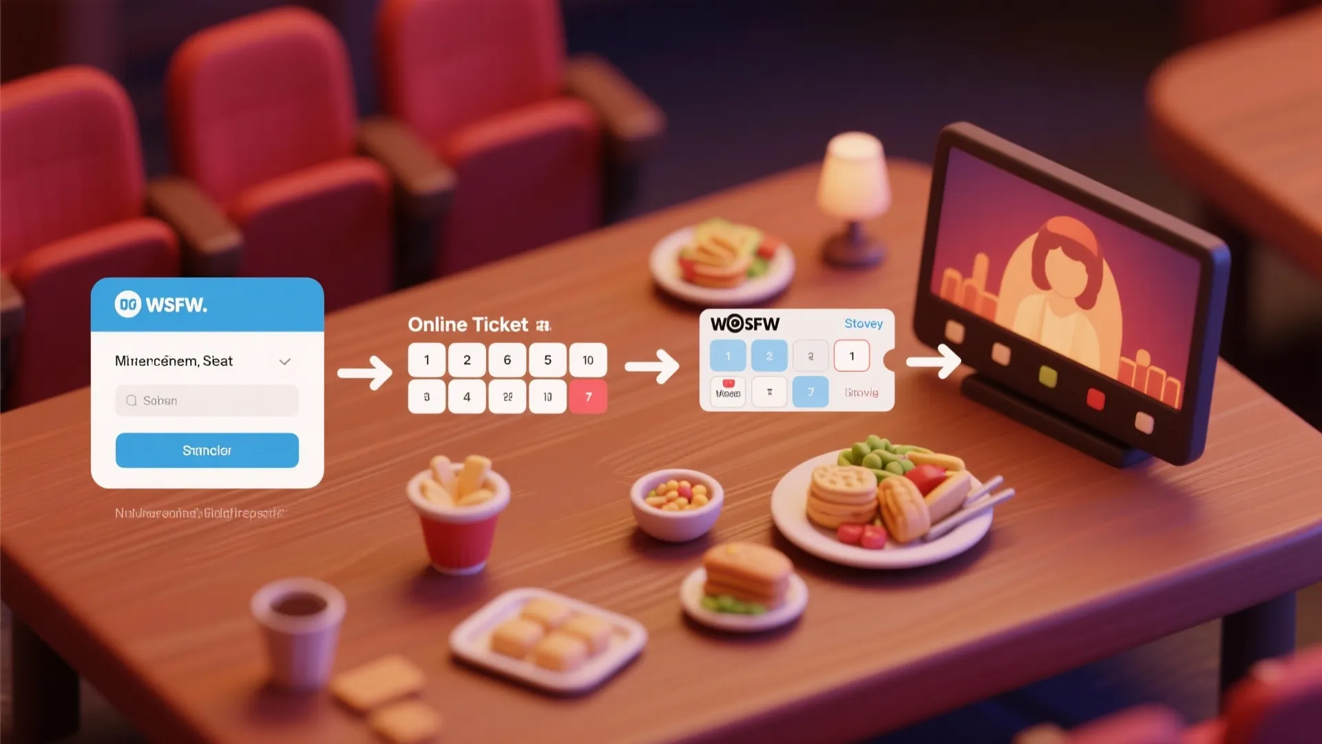 Flowchart showing the online ticket booking process for a movie theater with various food items