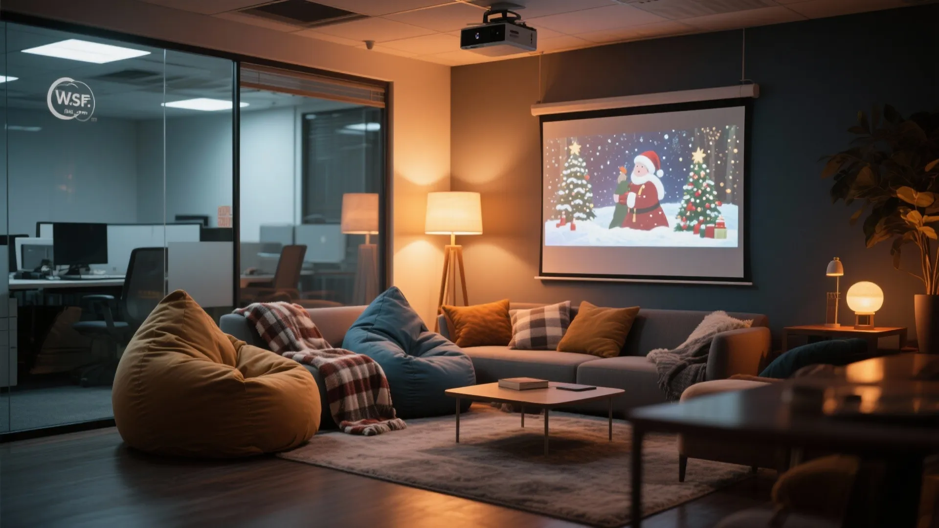 Cozy office lounge area with bean bags and a projector screen showing a holiday movie scene
