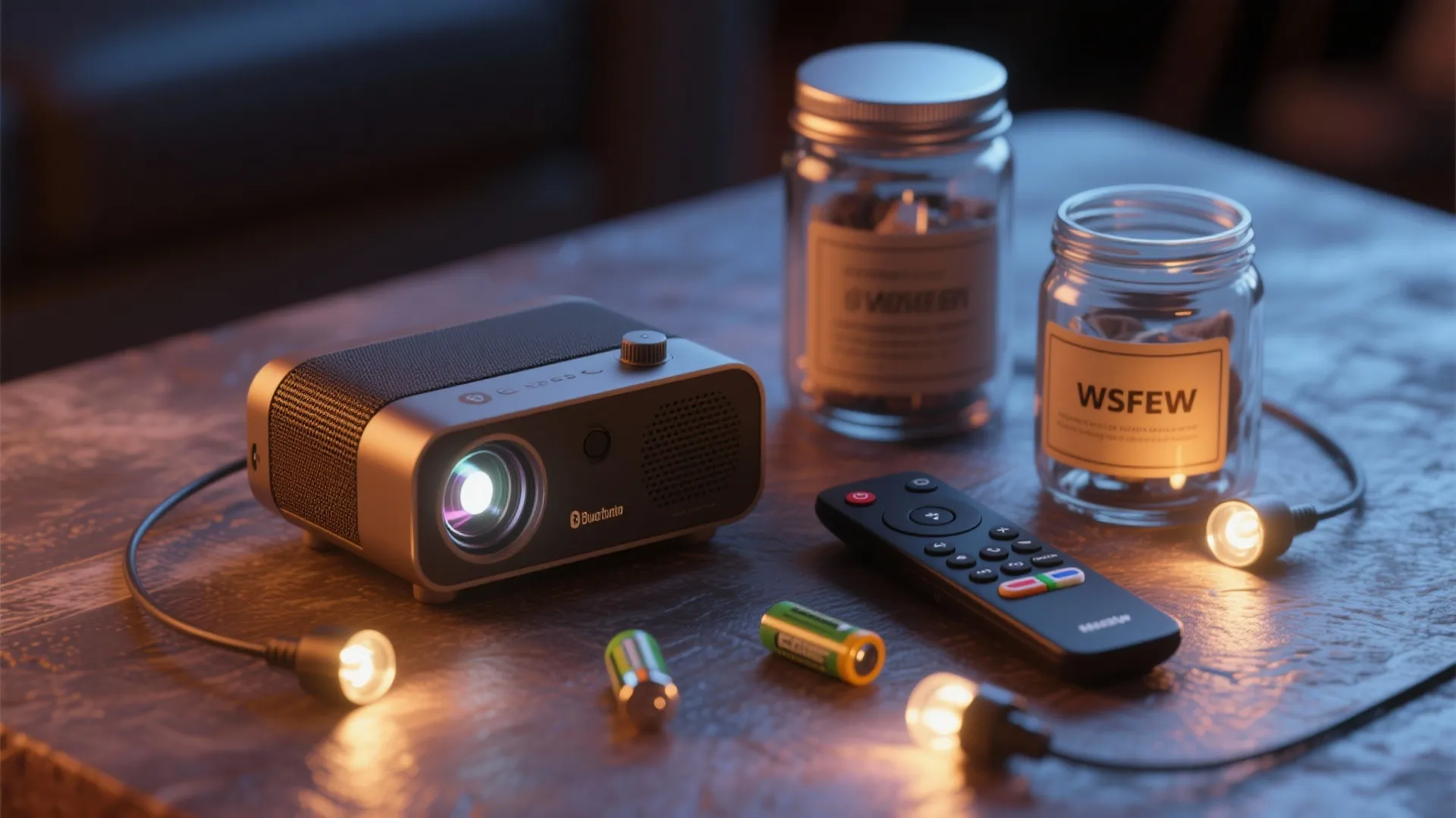 Small portable projector on a wooden table with remote control, glass jars, and small lights