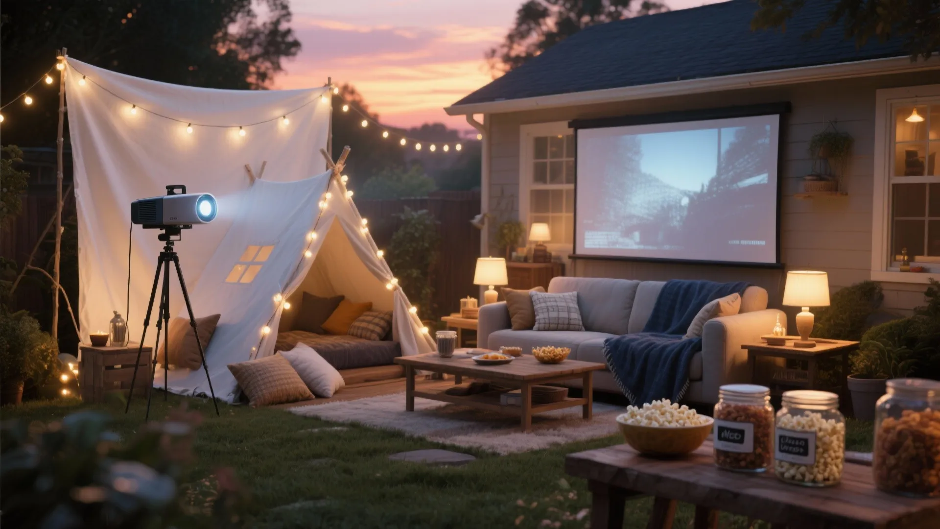 Outdoor backyard movie night setup with a tent, projector screen, sofa, and warm string lights