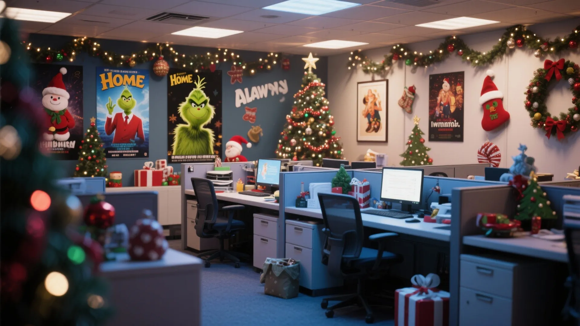 Holiday themed office interior design with movie posters Christmas tree gift boxes and green leaf garland