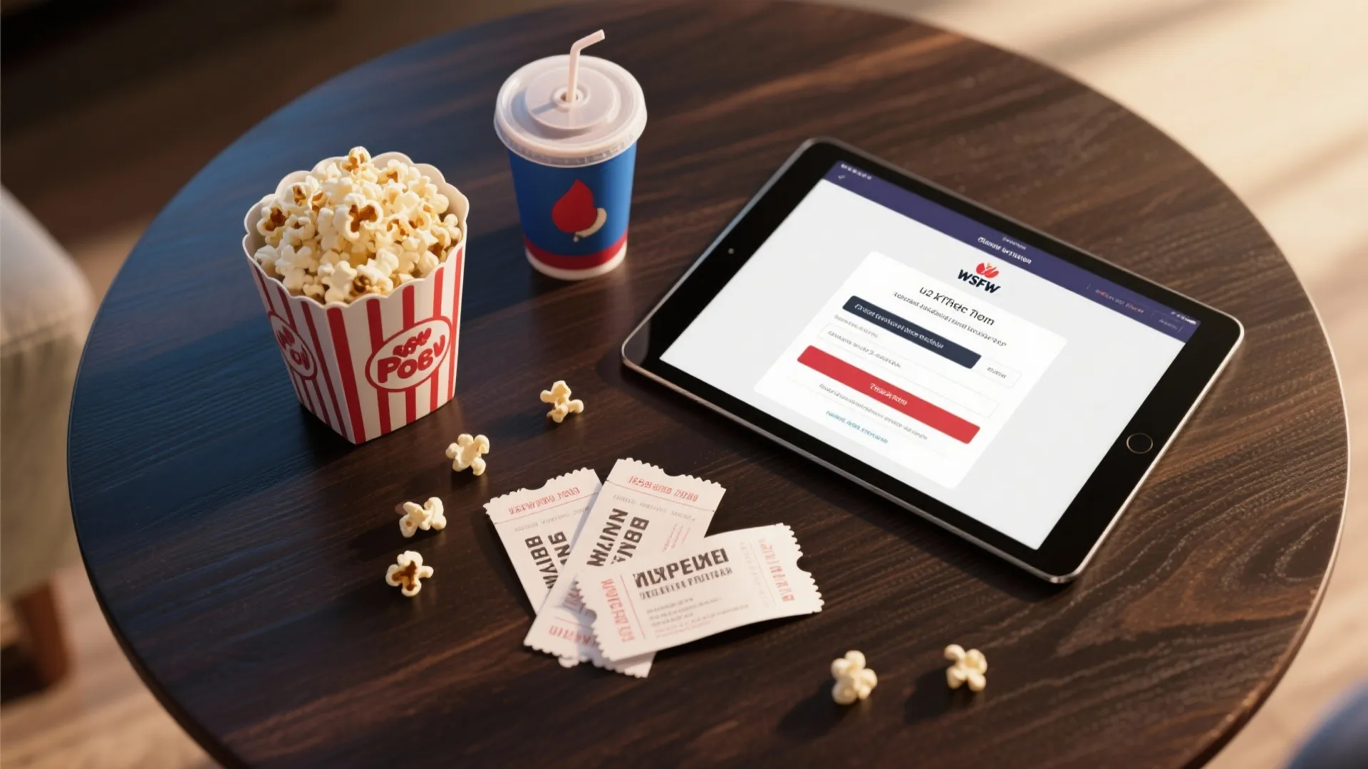 Tablet showing ticket booking page next to popcorn paper cup and tickets on wooden table