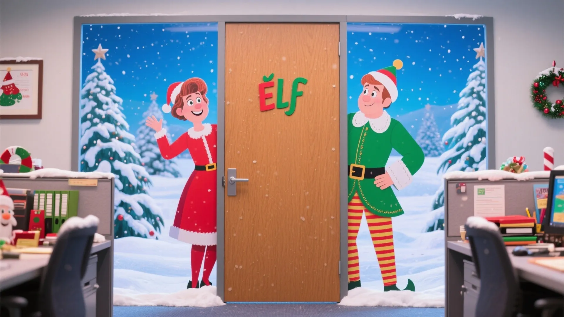 Cartoon office door with elf movie characters and winter forest background for holiday themed decoration