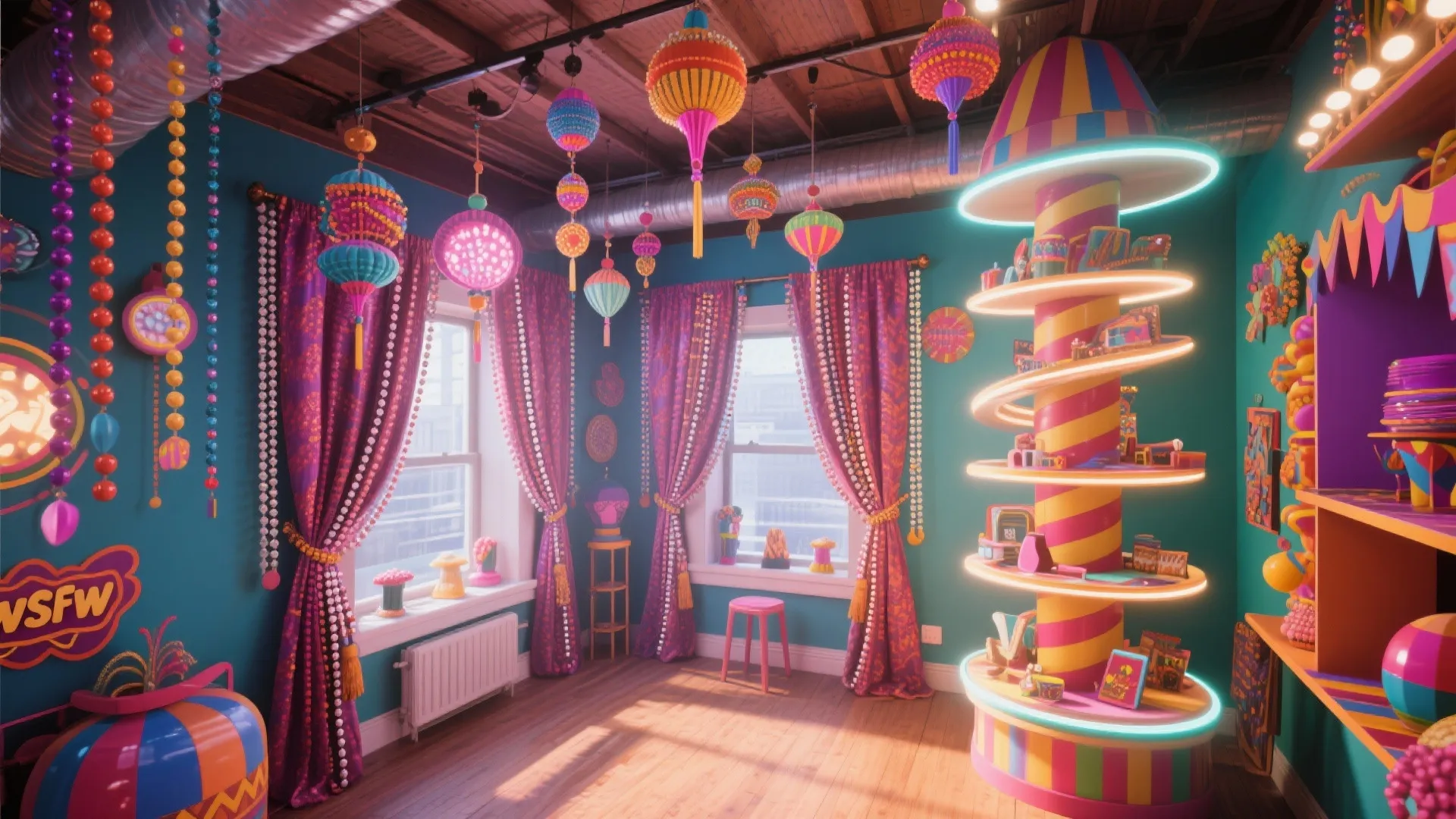 Compact loft with Carnival-inspired mobiles, bead curtains and rotating shelf