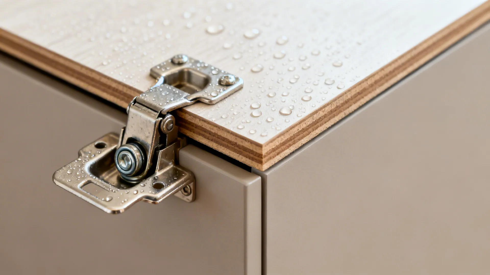 Macro of MR-rated board with thick edge banding and corrosion-resistant hinge beading off moisture.