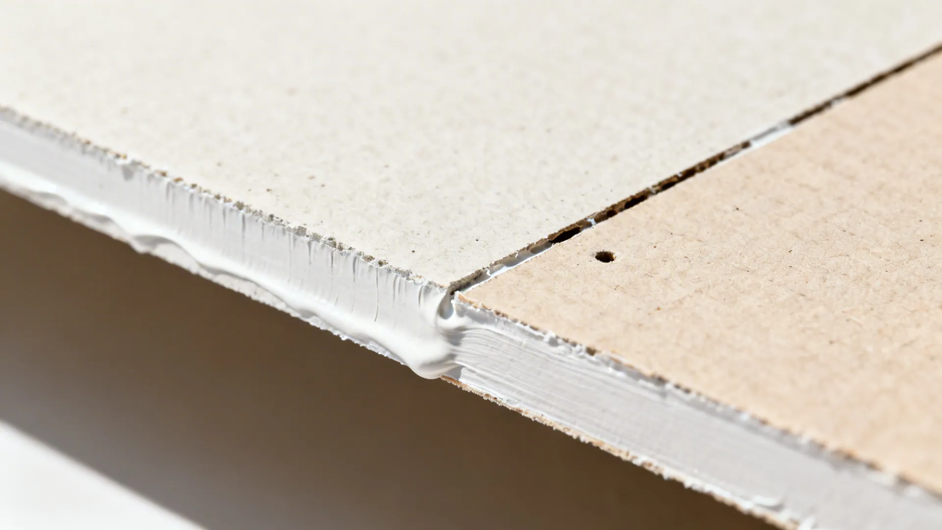 Macro of moisture-resistant gypsum edge being primed and sealed for durability.