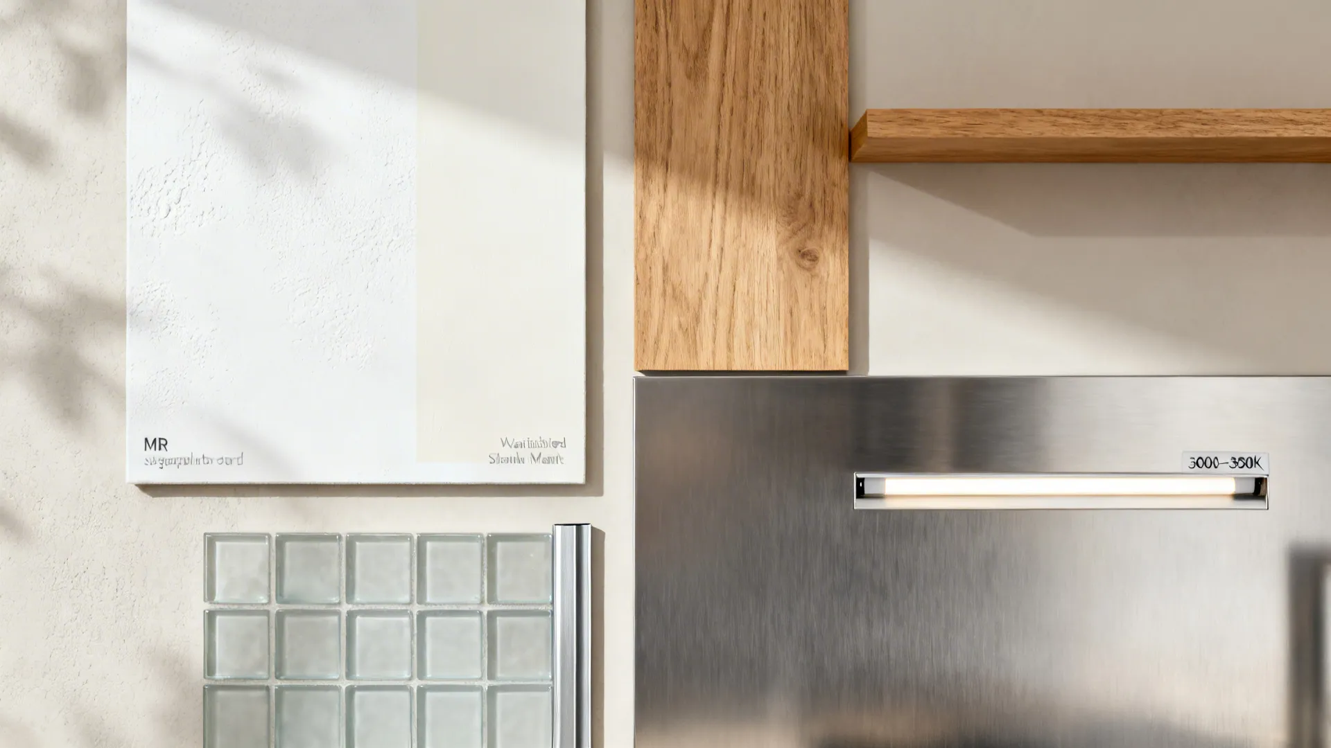Flat lay of MR gypsum micro-texture, washable matte paint, oak, stainless, glass, and aluminum edge trim.