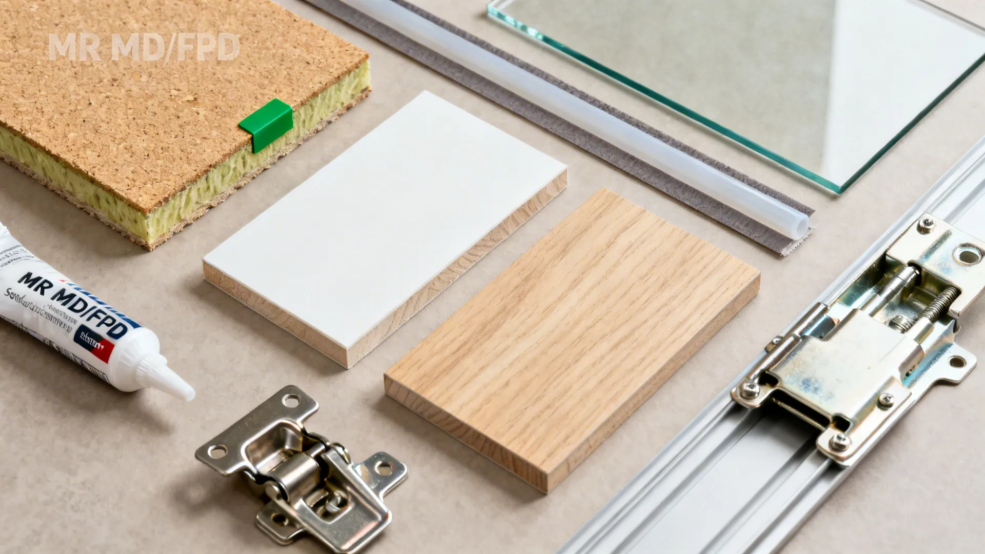 Flat lay of interior materials including wood samples white panels glass metal hinge and glue