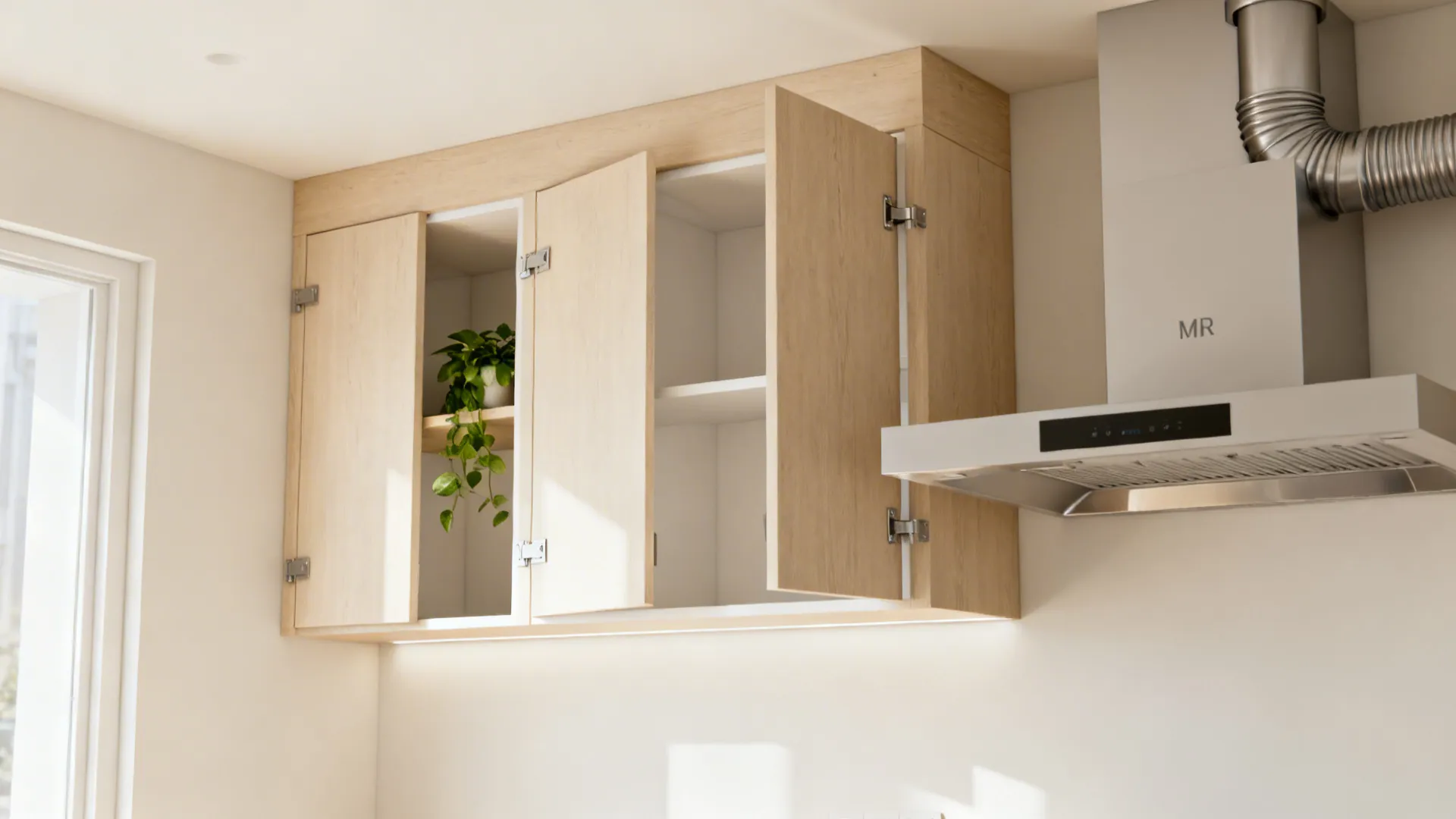 Open light wood kitchen wall cabinets showing interior shelves and a small green plant inside