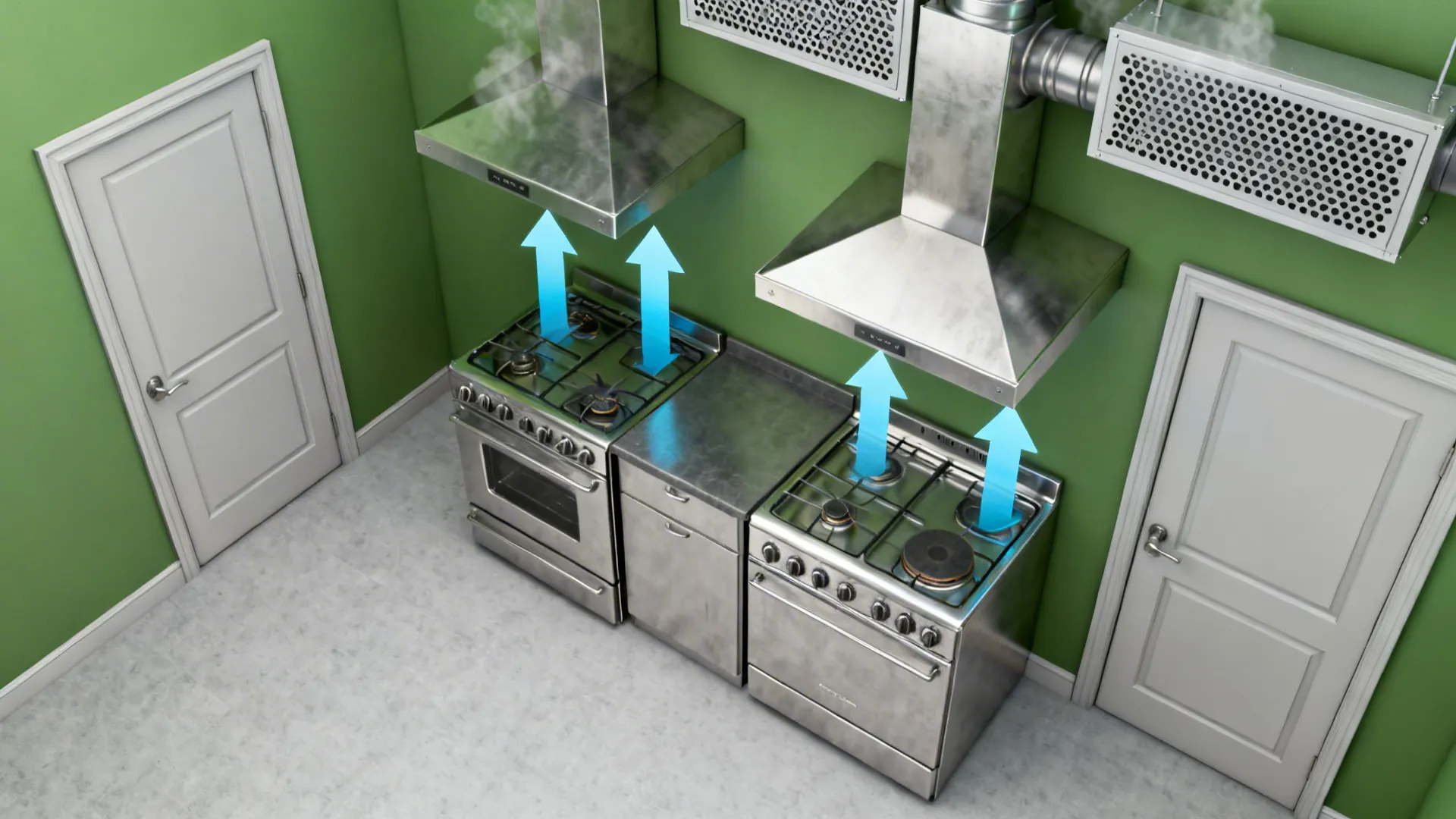 Top-down view showing hood exhaust with tempered make-up air diffusers behind the cook line.