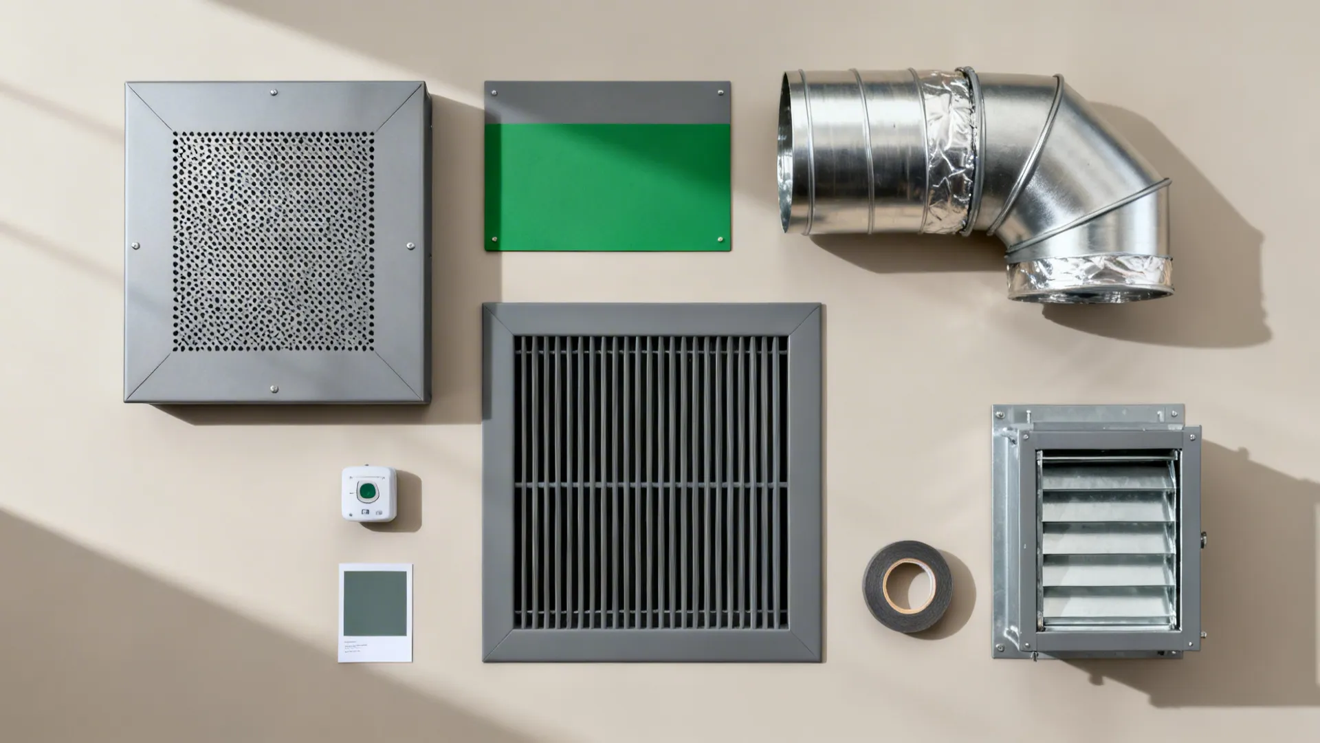 Flat lay of perforated plenum, diffusers, damper, insulation, and sensor components.
