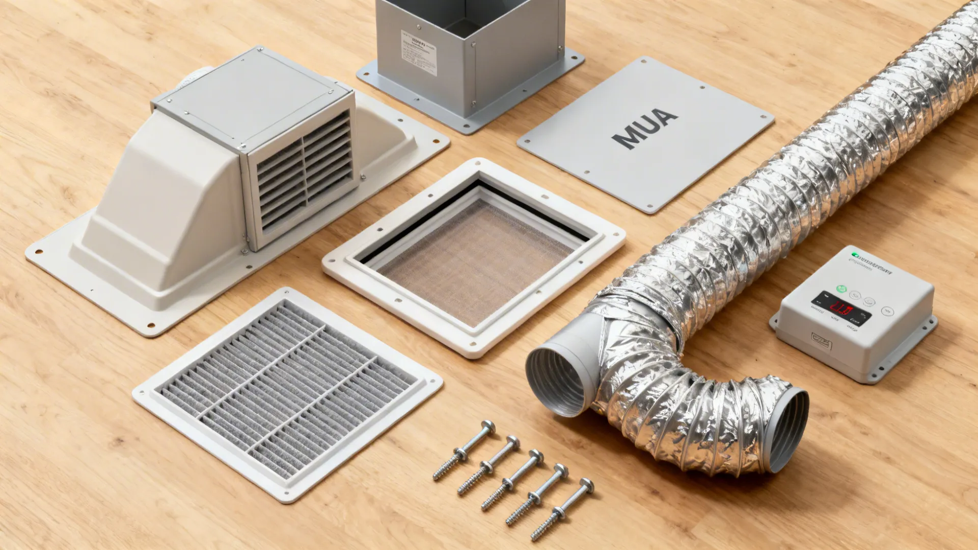 Flat lay of cabinet hood insert with make-up air damper, silencer, and insulated duct.