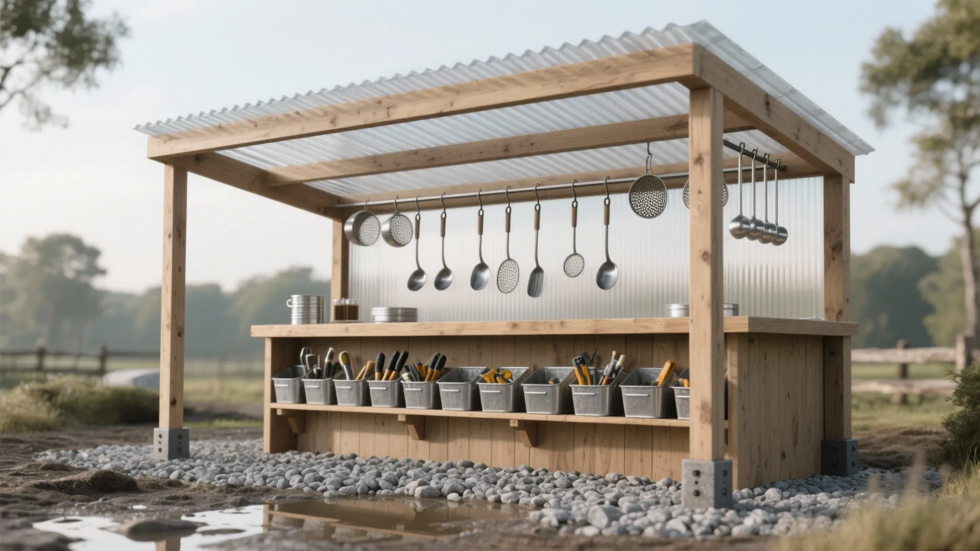 Roofed mud bar with corrugated polycarbonate, gravel pad, hooks, and storage bins