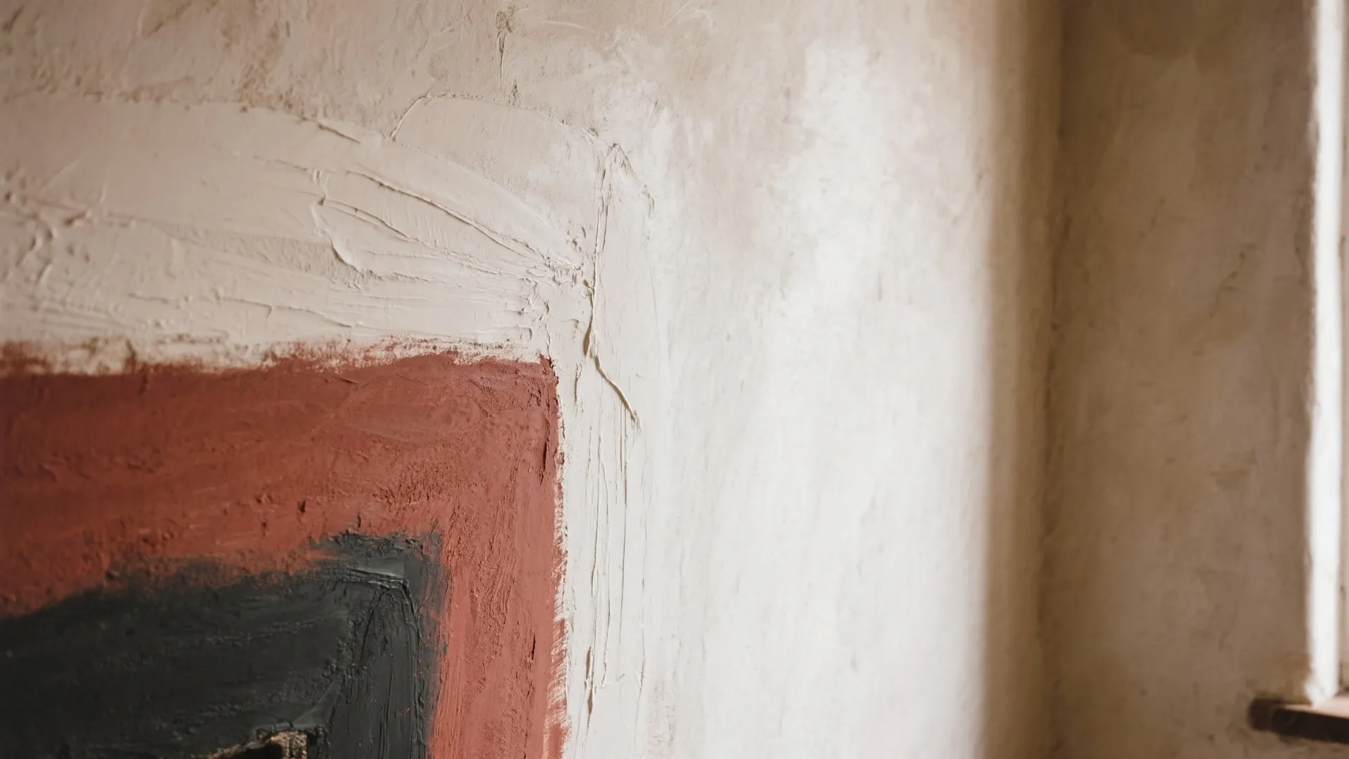 Close up view of textured plaster wall with red and black painted square art design