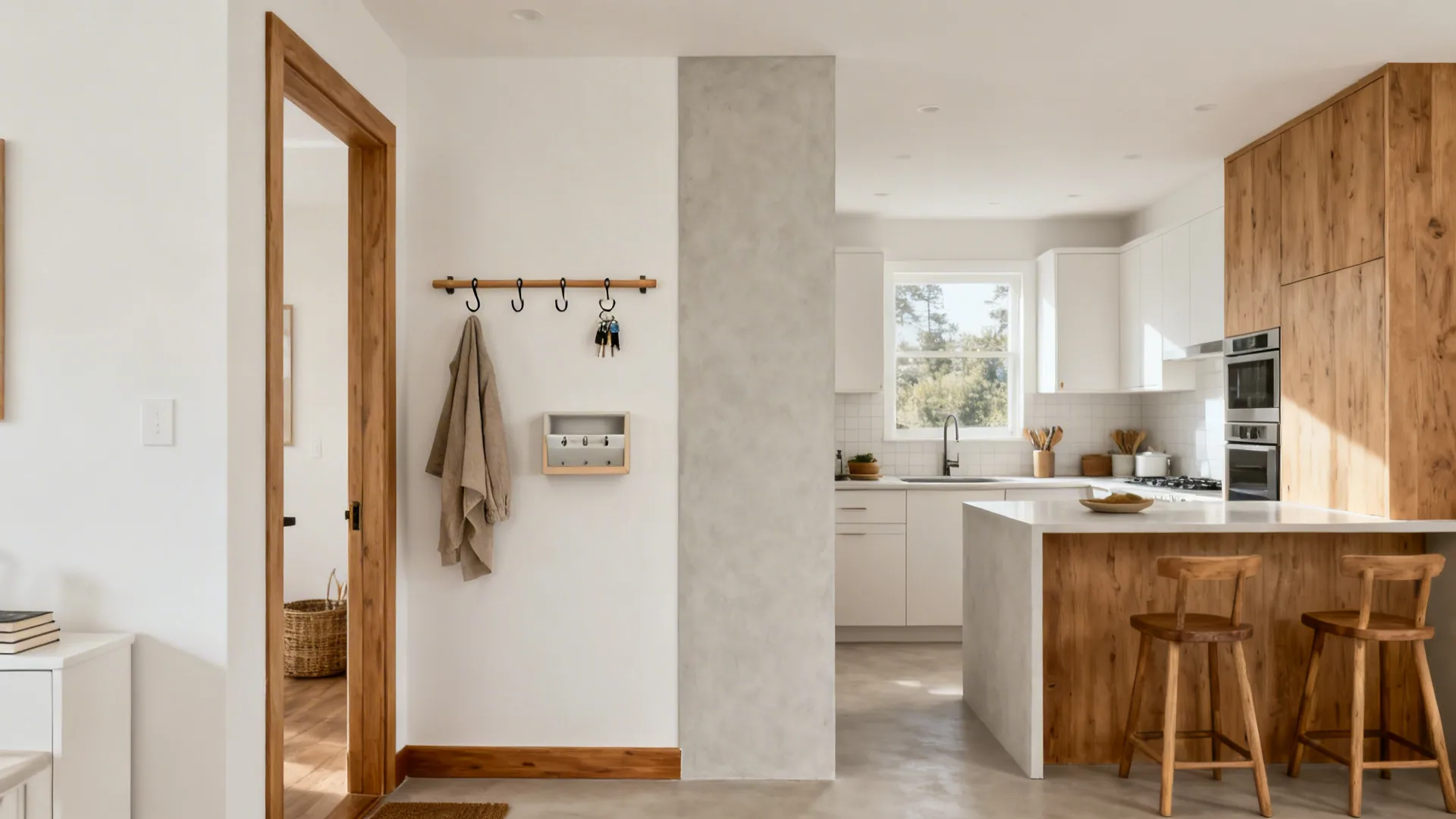 Kitchen entrance with slim rail, S-hooks, key tray, and a wipeable wall panel.