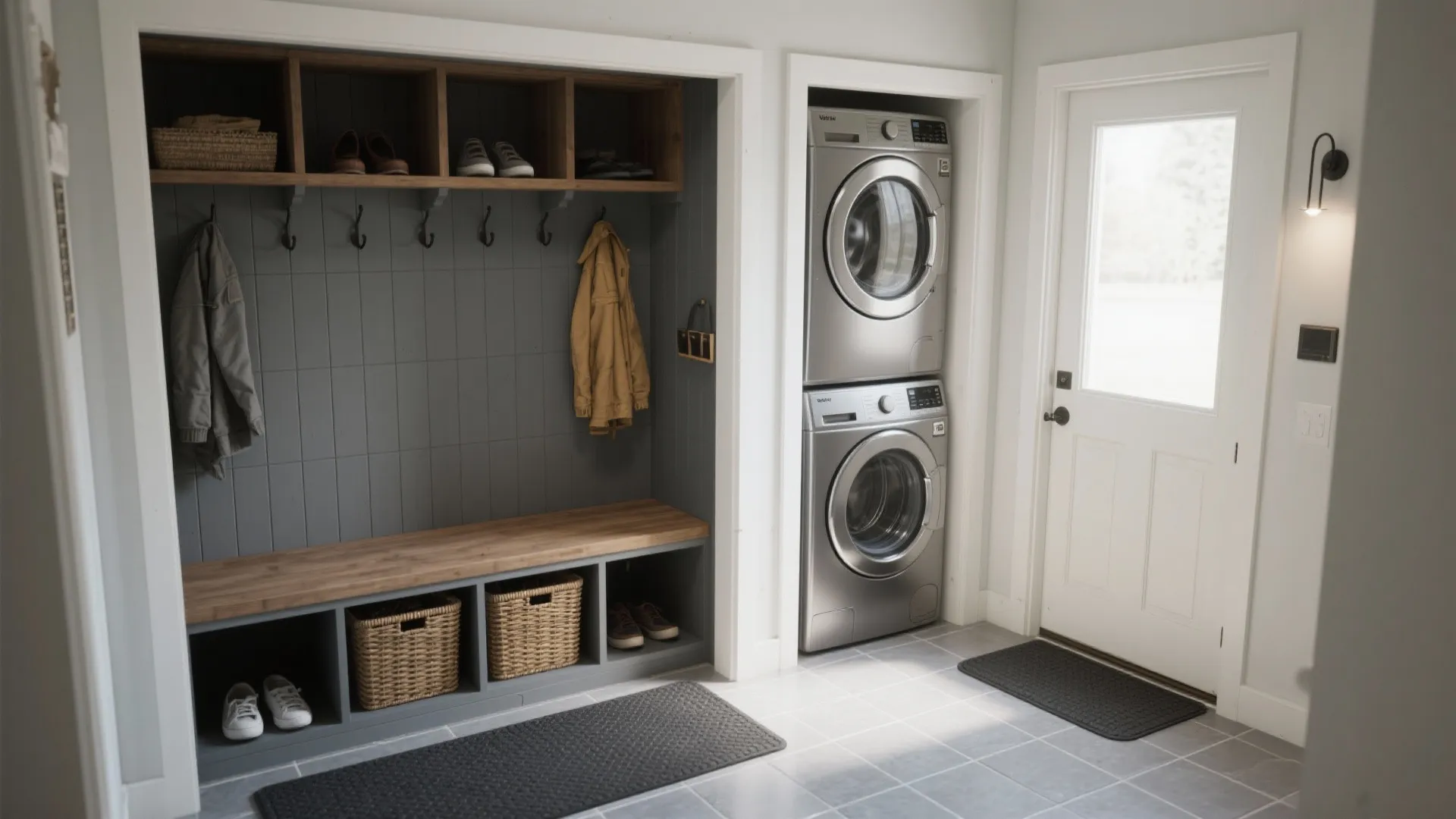 Laundry room with stacked washing machines a wooden bench grey wall panels and storage baskets