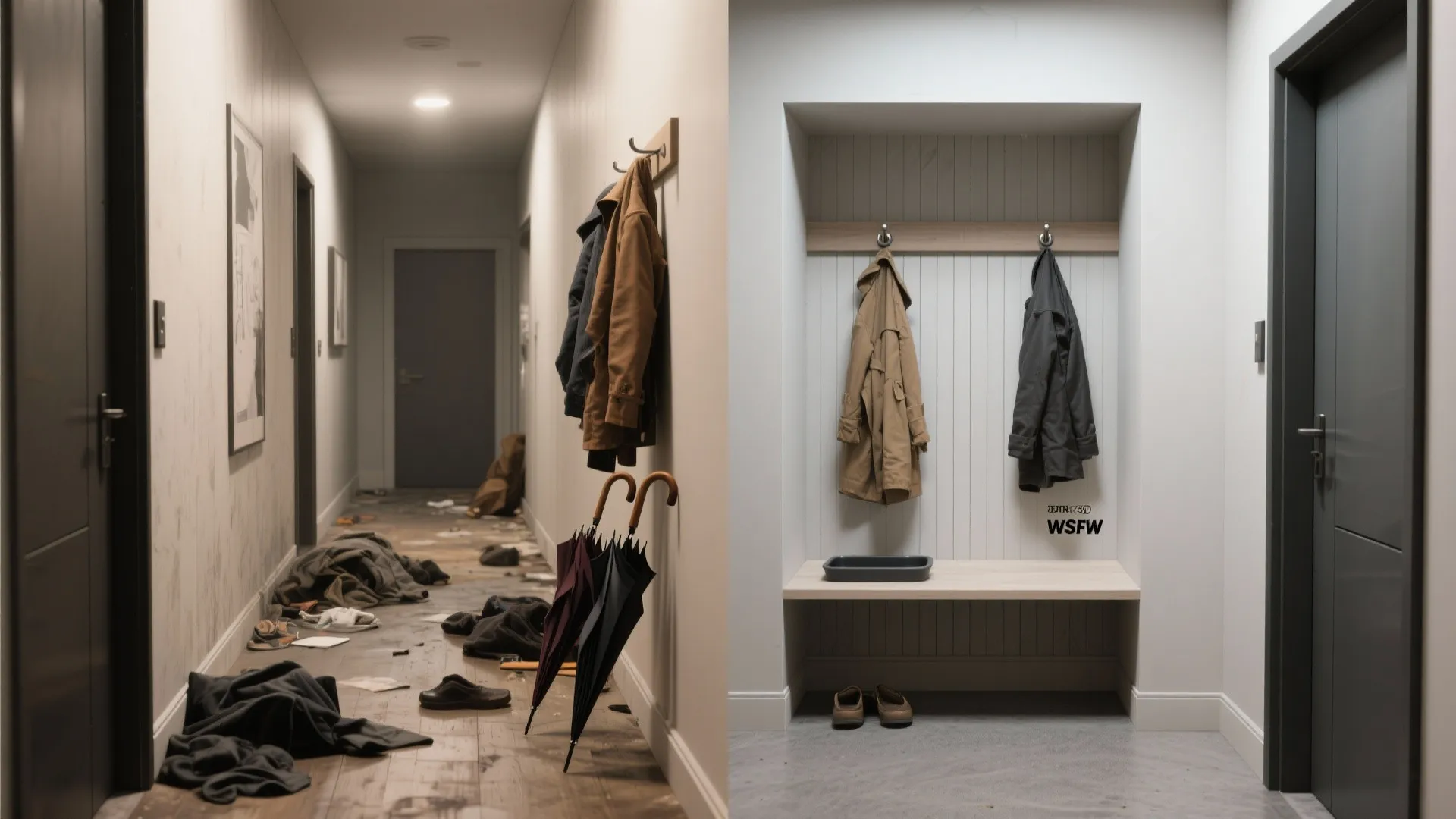 Before and after comparison of a messy hallway versus a clean organized small mudroom area