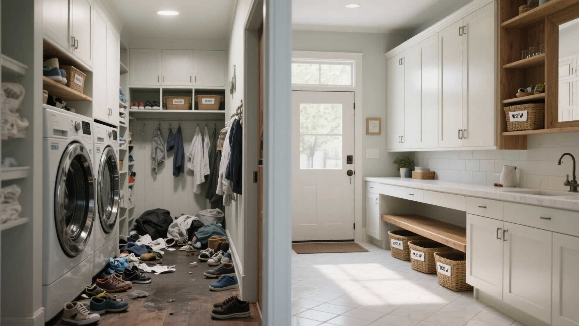 Before-and-after view of a cluttered entry transformed into an organized mud laundry room