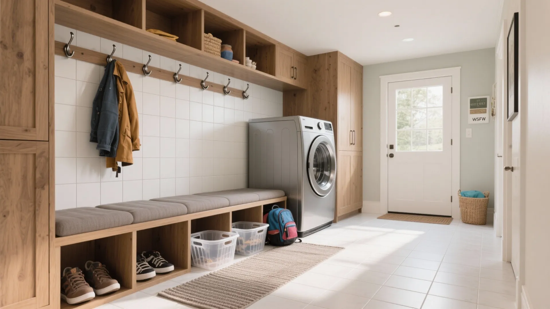 4. Blend laundry with a mudroom bench