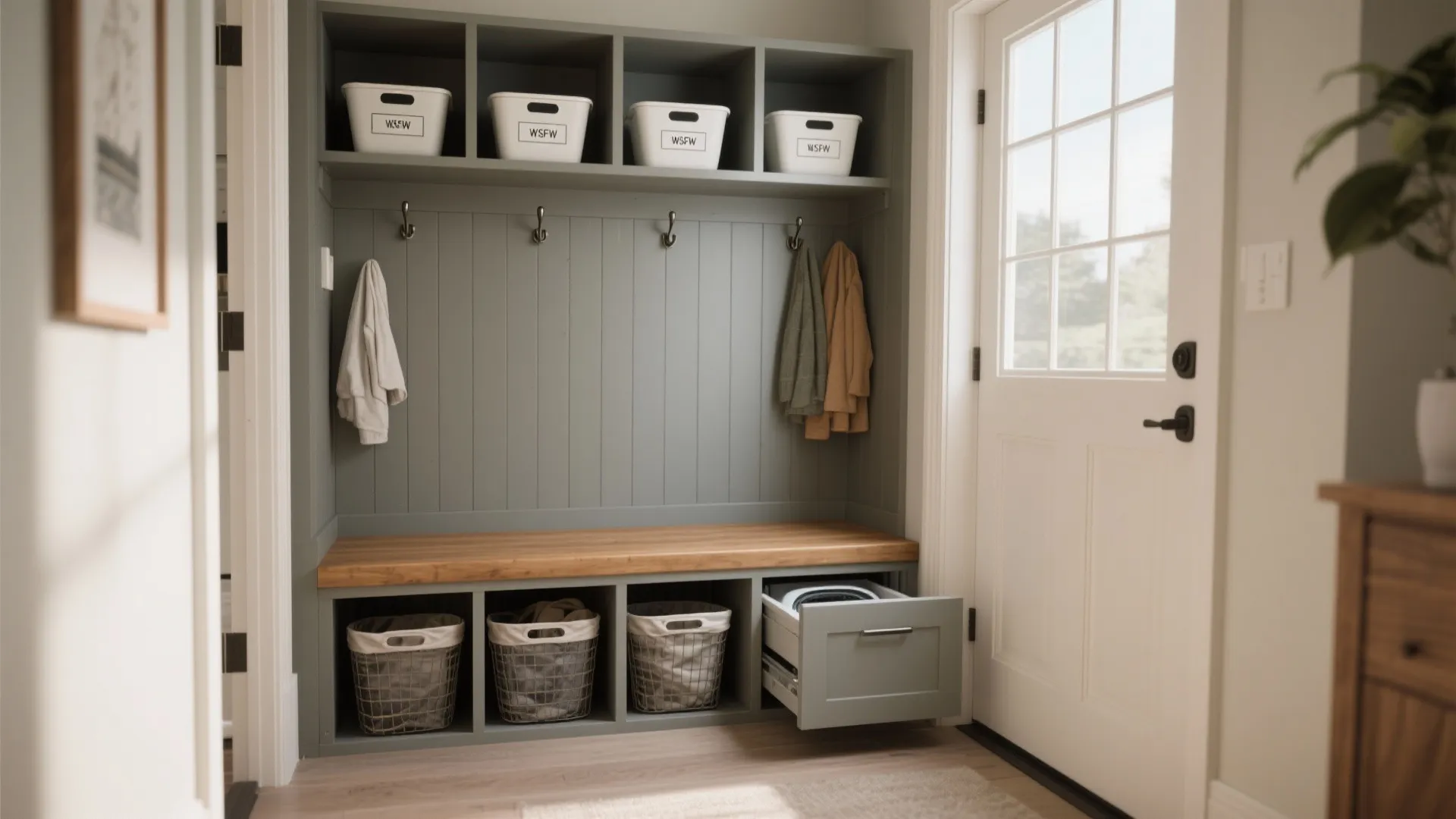 Grey entryway mudroom with wood bench hooks storage baskets and white front door in house