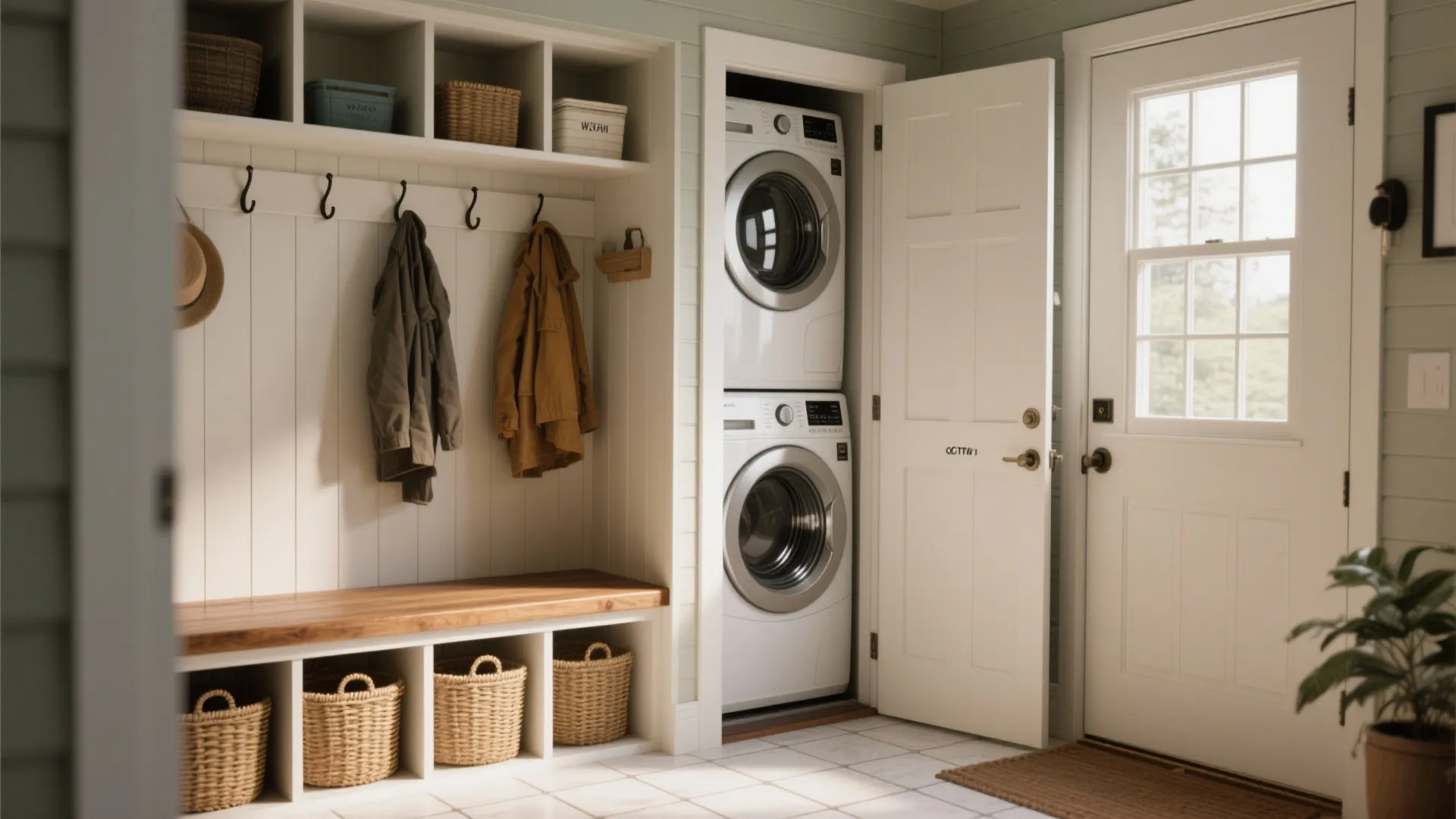 Compact entry with built-in mudroom bench, cubbies and stacked washer behind bi-fold door