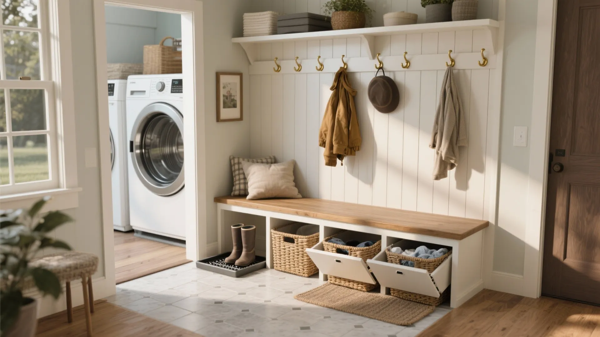 5. Mudroom Combo with Built-In Seating and Hooks