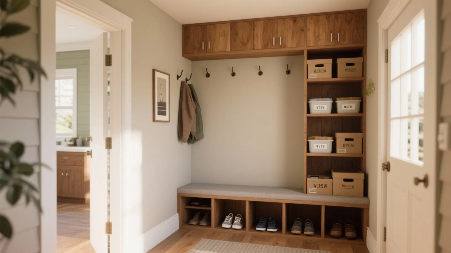 3. Multi-functional mudroom bench that doubles as pantry