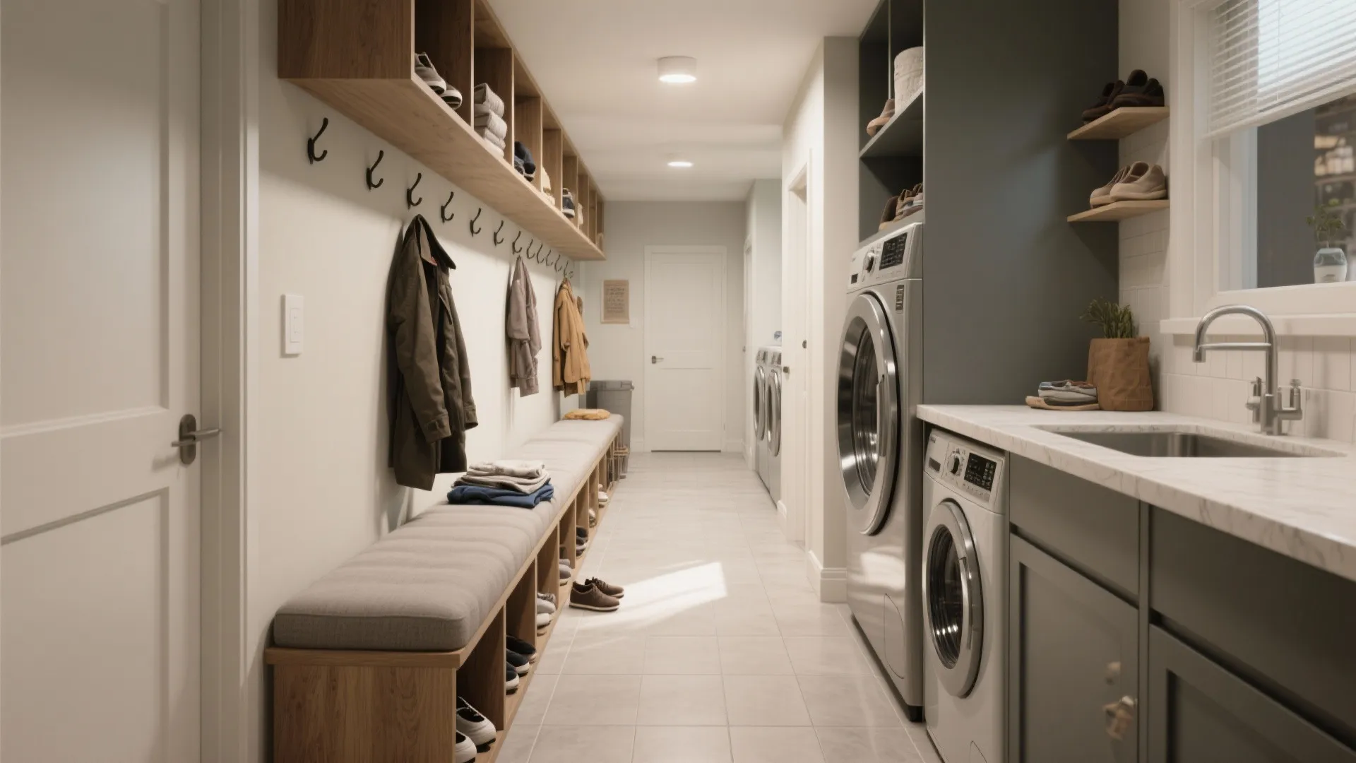 Long narrow room with coat hooks bench storage washing machine sink and bright ceiling light fixtures
