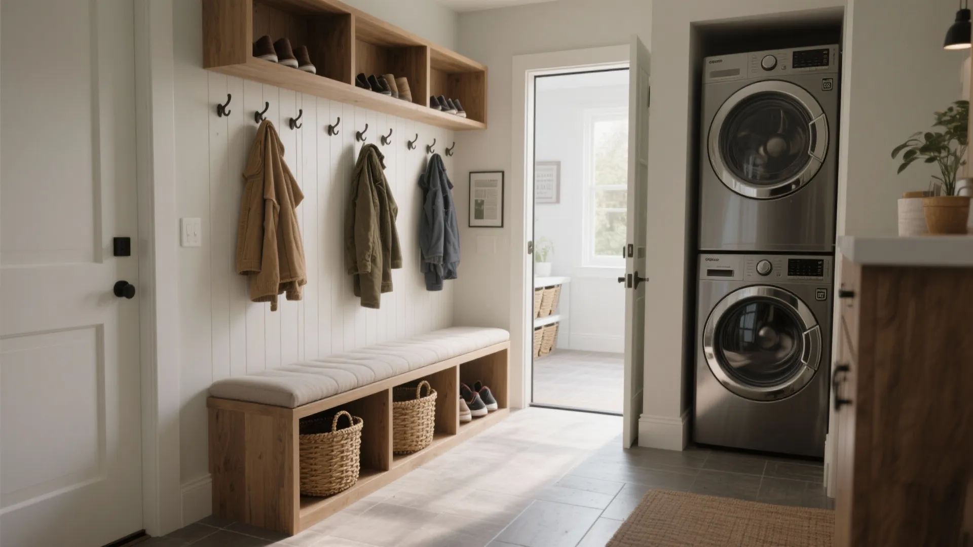 Entryway mudroom featuring wooden bench with storage baskets coats hanging on hooks and laundry machines