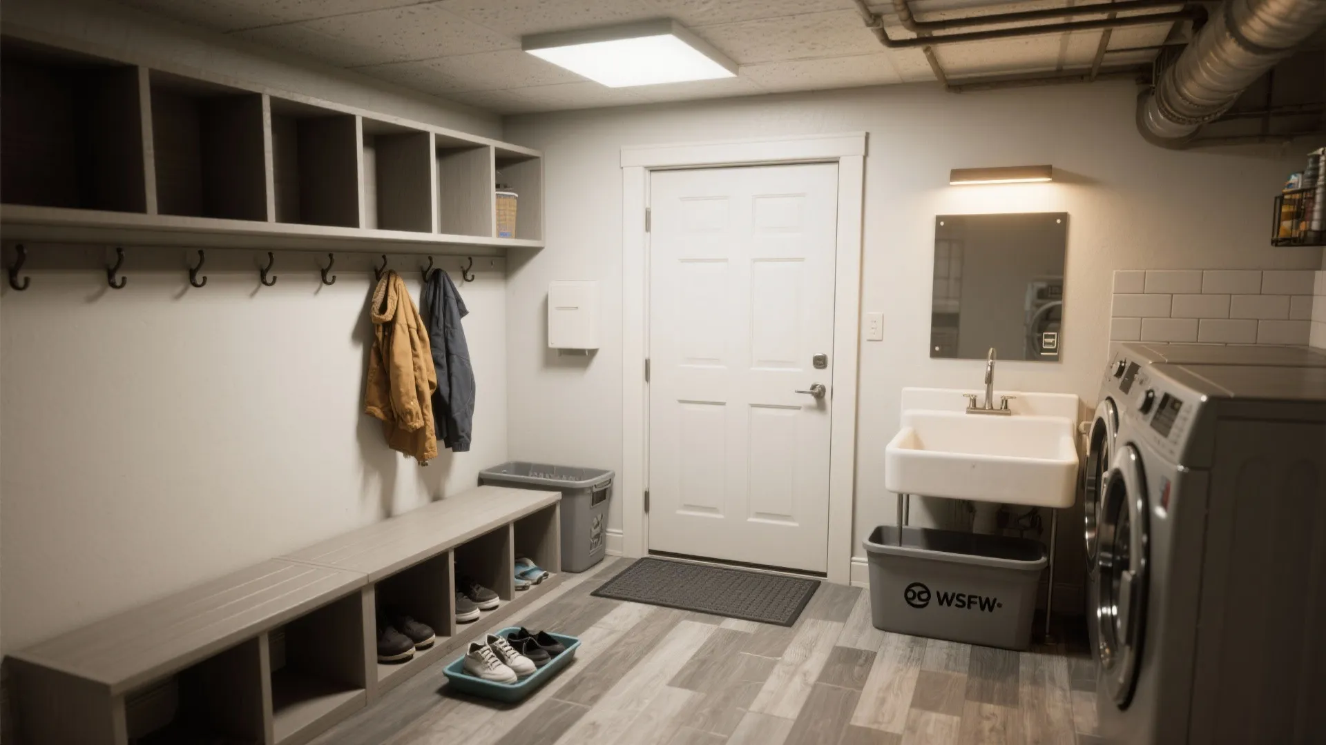 Functional laundry mudroom with wooden bench, shoe storage, hanging jackets, white door, and washing machine