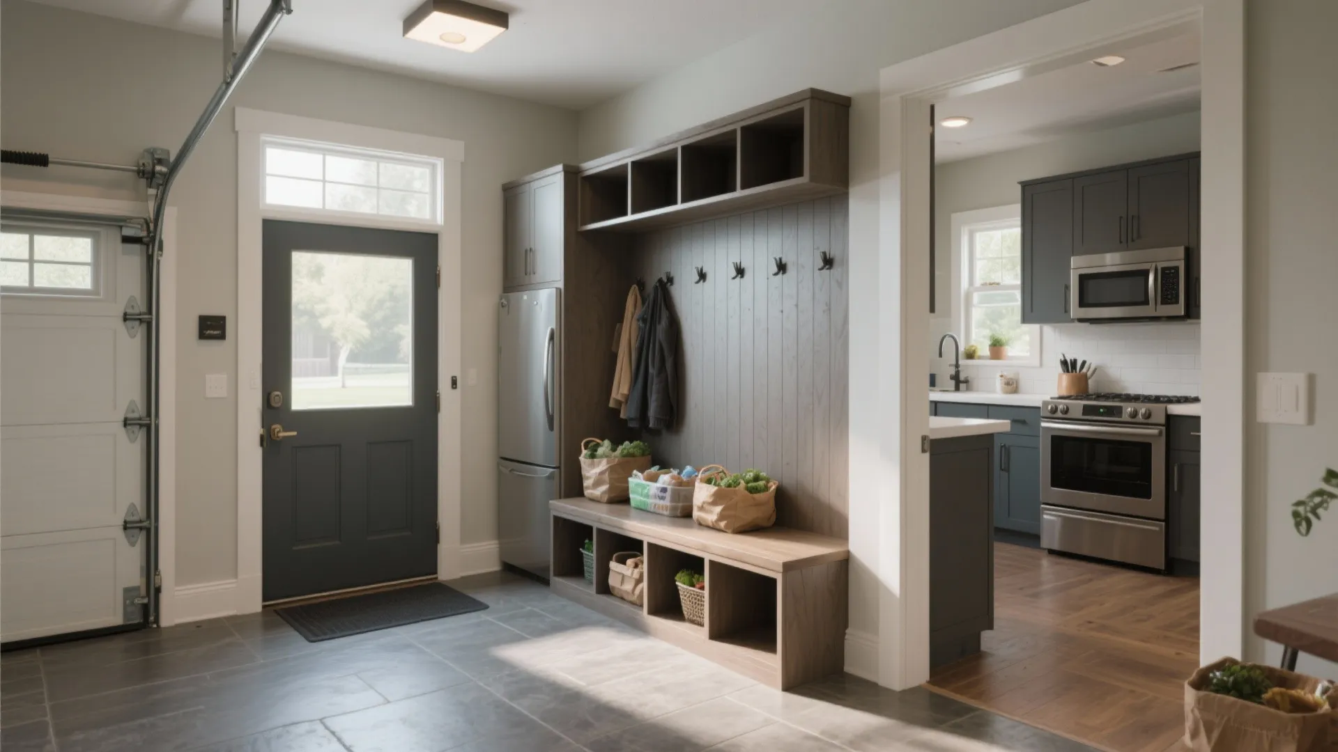 Mudroom connecting garage to kitchen with storage and durable flooring for efficient daily flow.