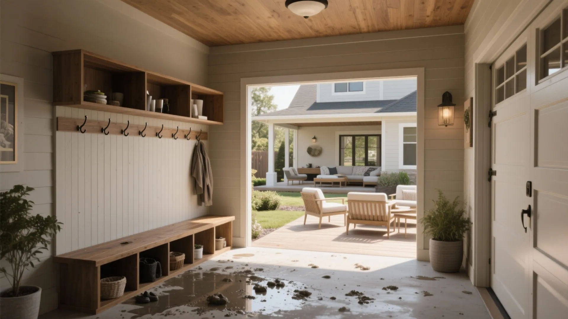 Mudroom off the garage leading into the home and a covered patio extending the living area outdoors.