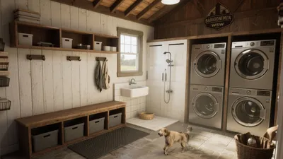Rustic Laundry Room with Built-In Dog Wash Station