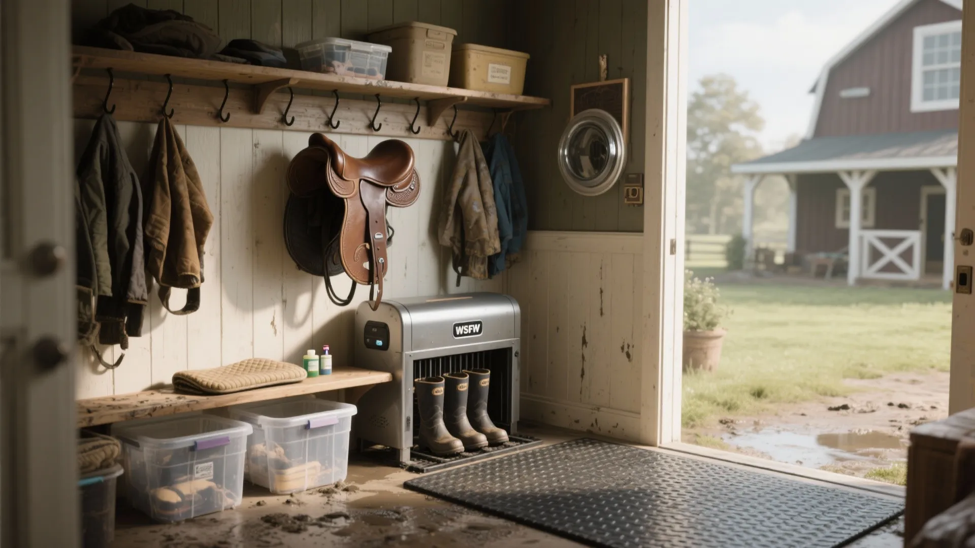 Mudroom entry with hanging coats, leather saddle, boot dryer, and open door leading to barn