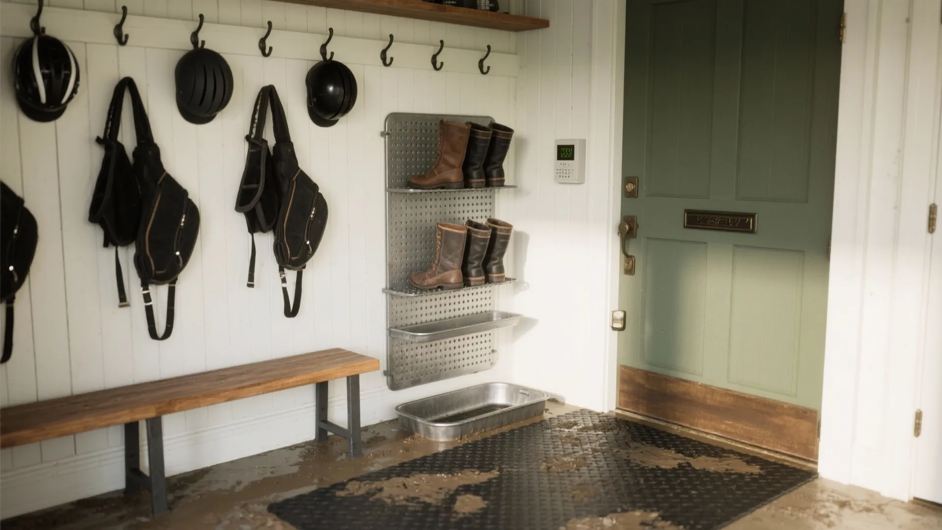 Mudroom-style tack room entry with a bench, high helmet hooks, and a perforated steel boot-drying rack by the door.