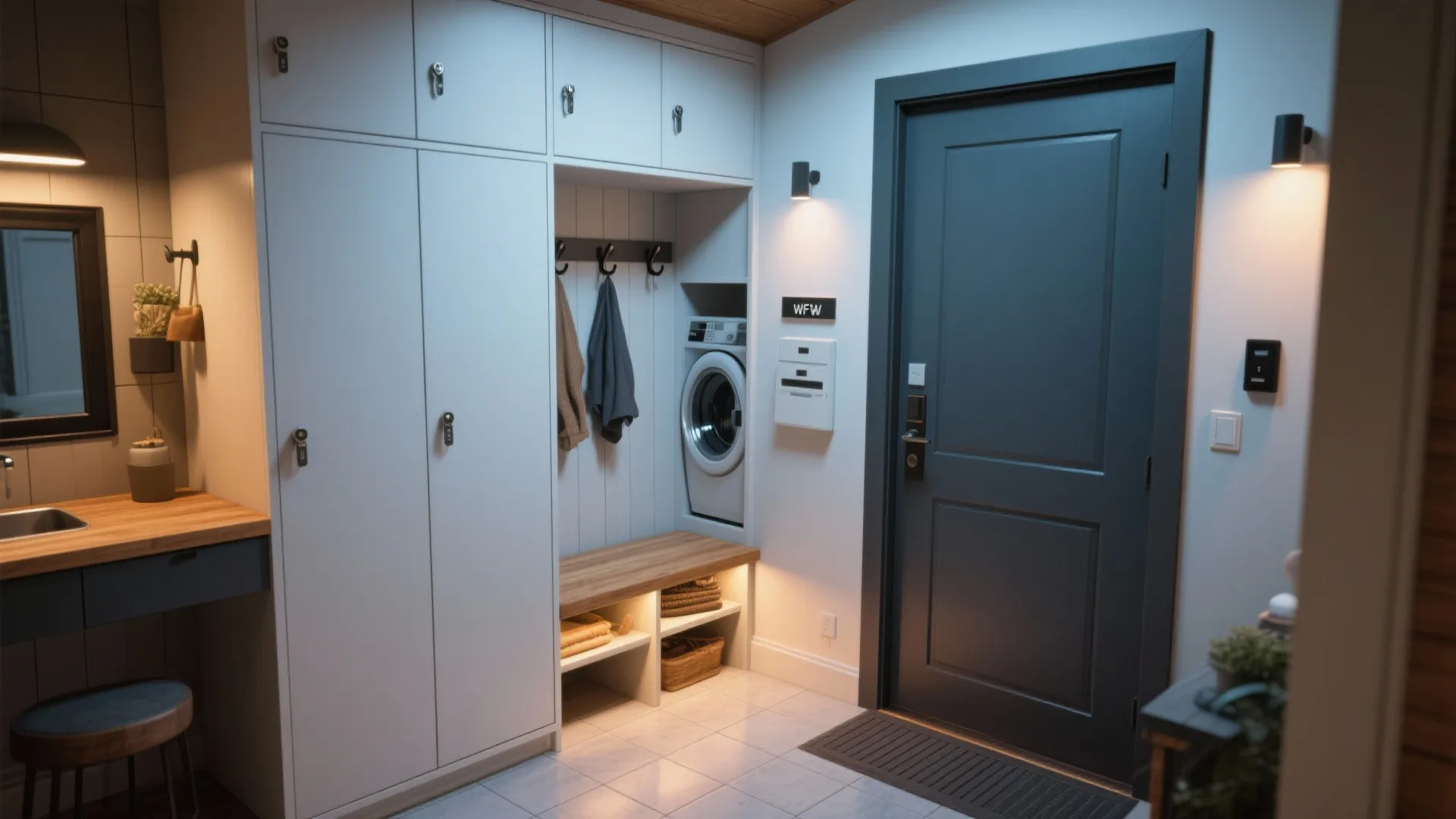 Modern mudroom entry featuring white storage cabinets wooden bench integrated washing machine and dark grey door