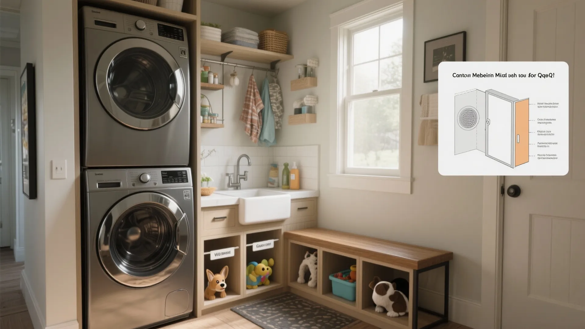 Laundry room with washing machine and dryer next to a sink with a wooden bench
