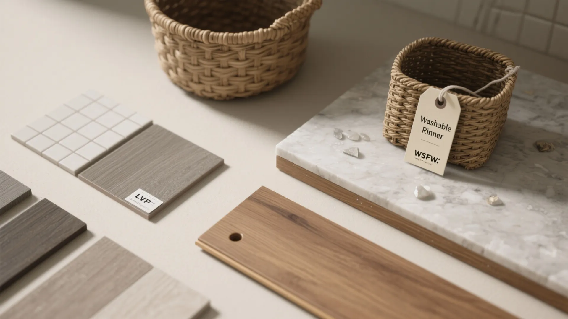 Flatlay of mudroom material samples: tile, LVP, wood edge, quartz chip and woven basket